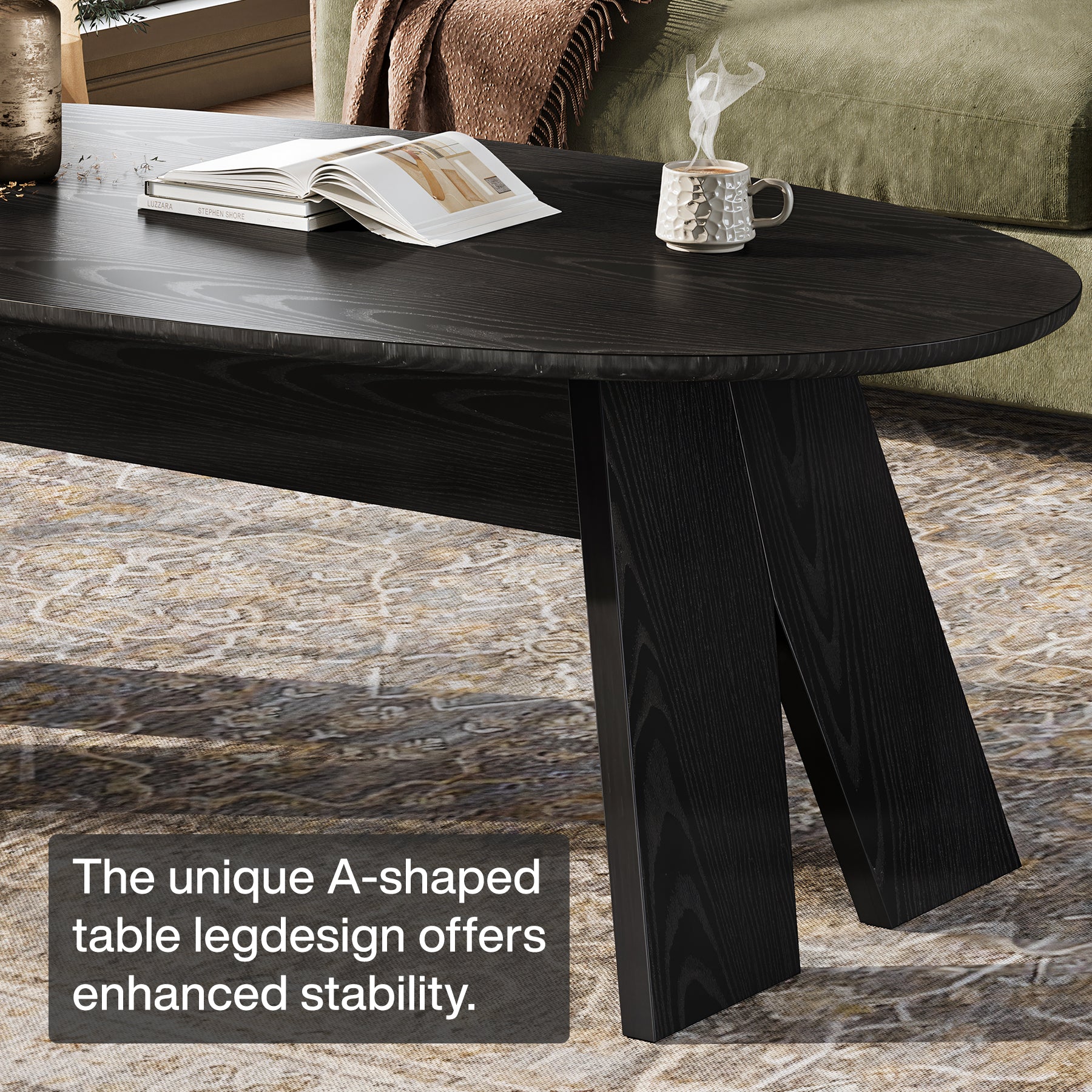 47-Inch Oval Coffee Table for Living Room, Modern Black Center Cocktail Table with Angled Legs