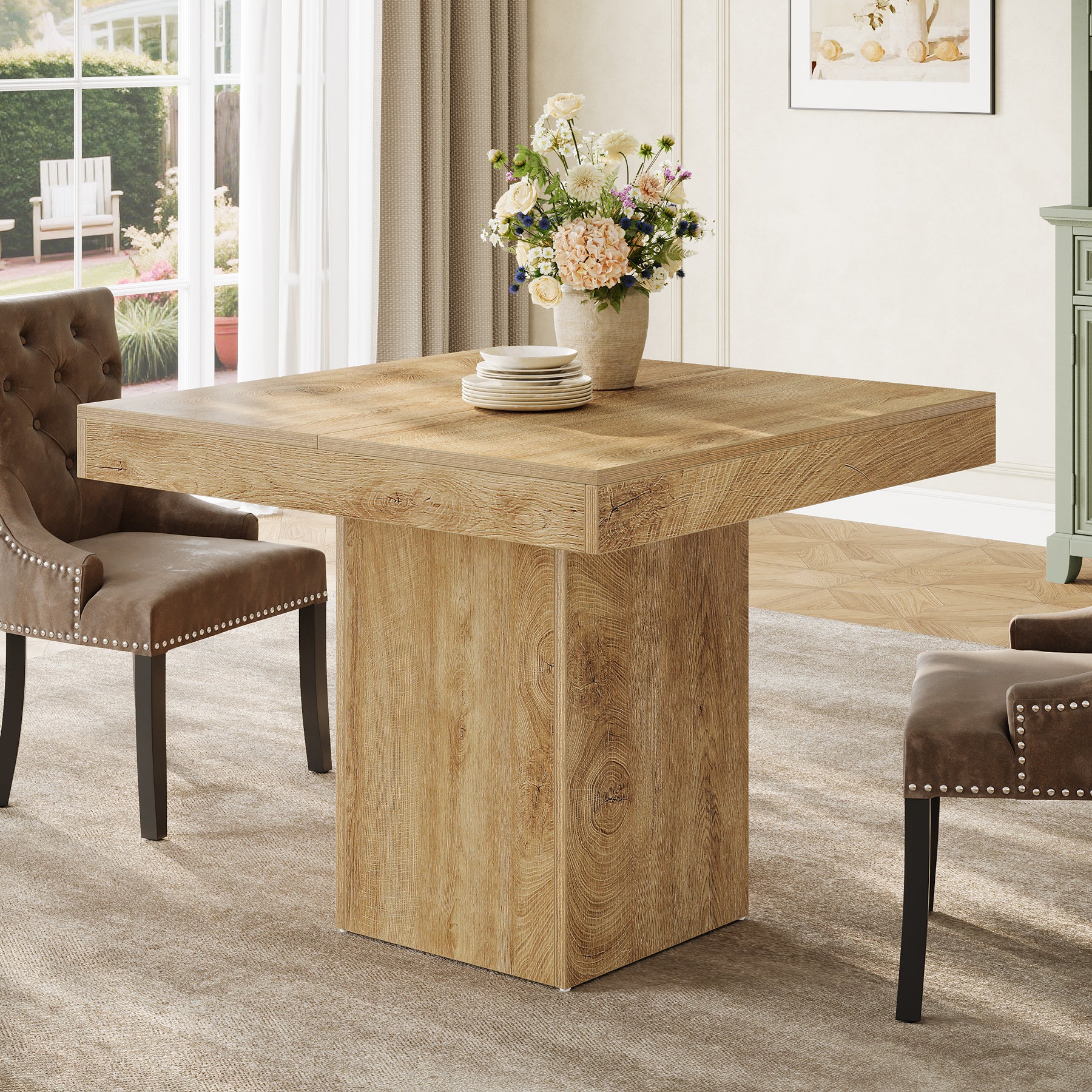 39" Square Farmhouse Dining Table, Solid Wood Kitchen Table with Pedestal Base for 4