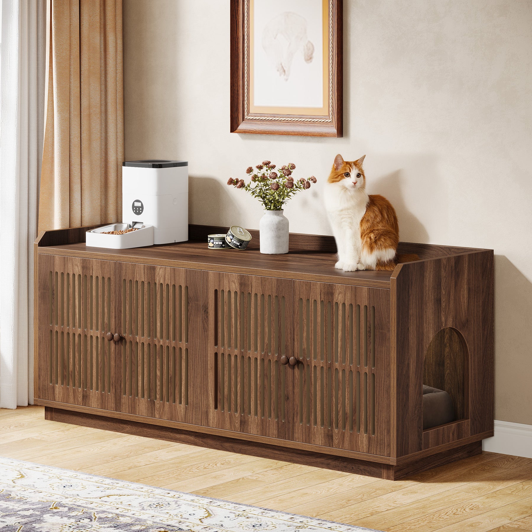 55.1-Inch Extra Large Cat Litter Box Enclosure for 2 Cats with 2 Cabinets and Side Entry, Hidden Wooden Cat Washroom Furniture for Living Room