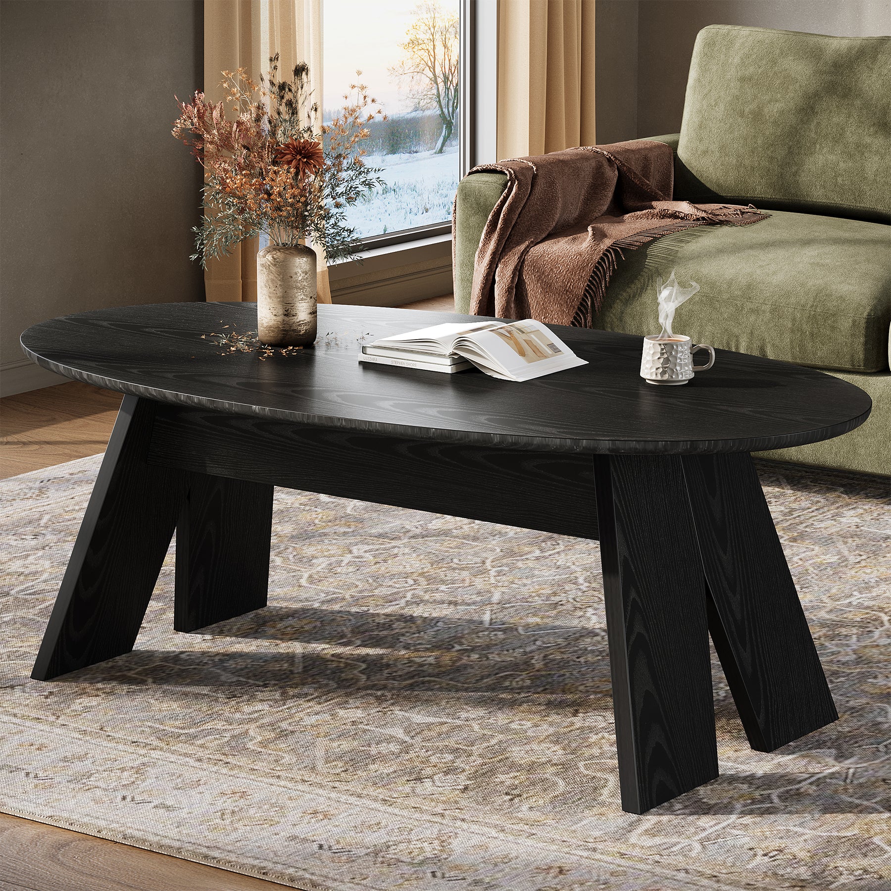 47-Inch Oval Coffee Table for Living Room, Modern Black Center Cocktail Table with Angled Legs