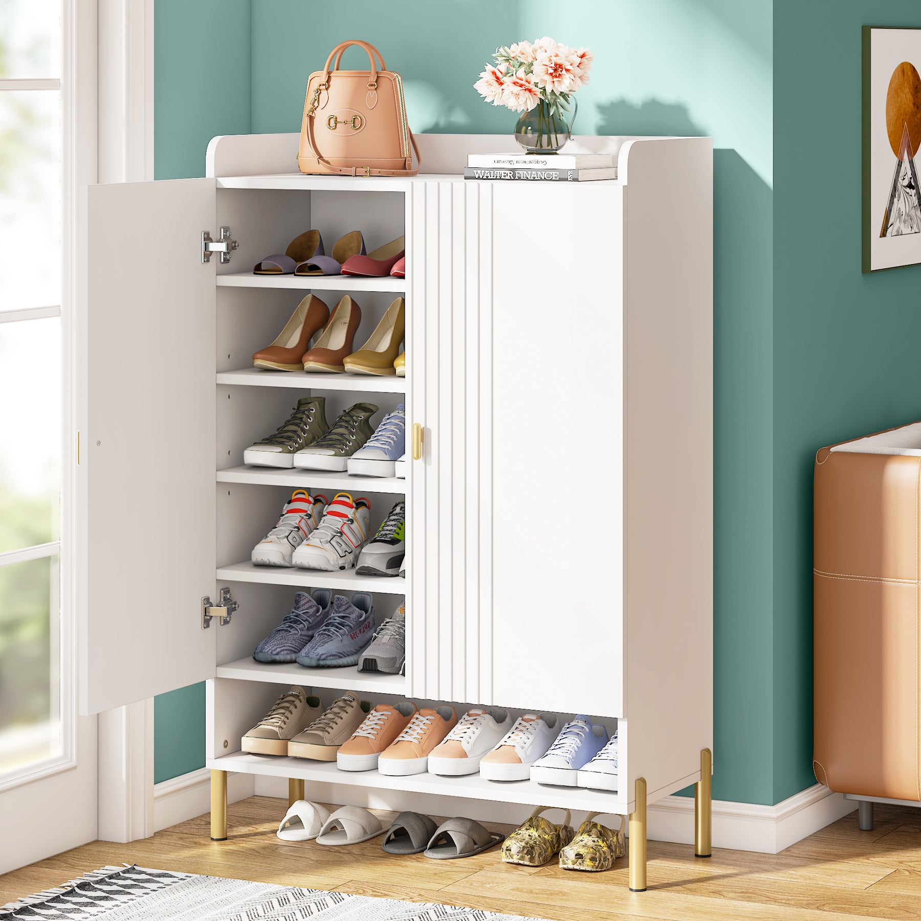 Tribesigns Slim 6-Tier Shoe Cabinet, Freestanding White Organizer with Doors for Entryway