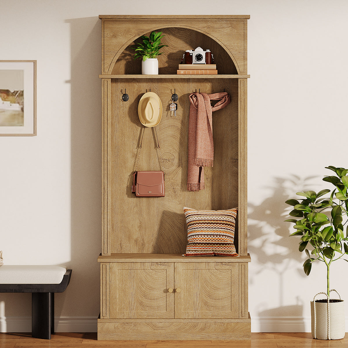 4-in-1 Hall Tree with Shoe Bench and Storage Cabinet, Entryway Coat Rack with Hooks and Top Shelf