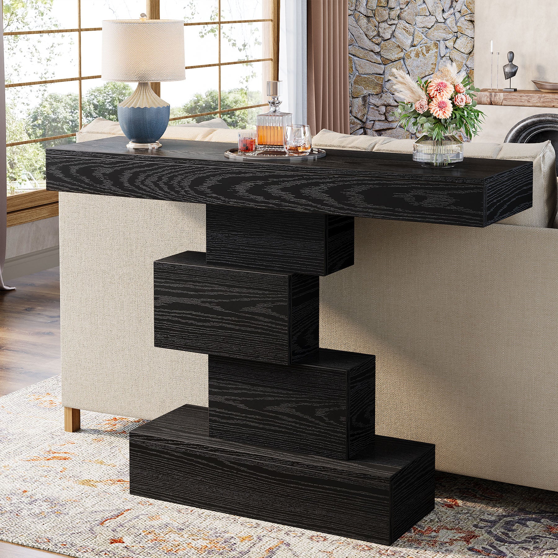 42" Console Table, Wood Sofa Table Accent Table with Geometric Base