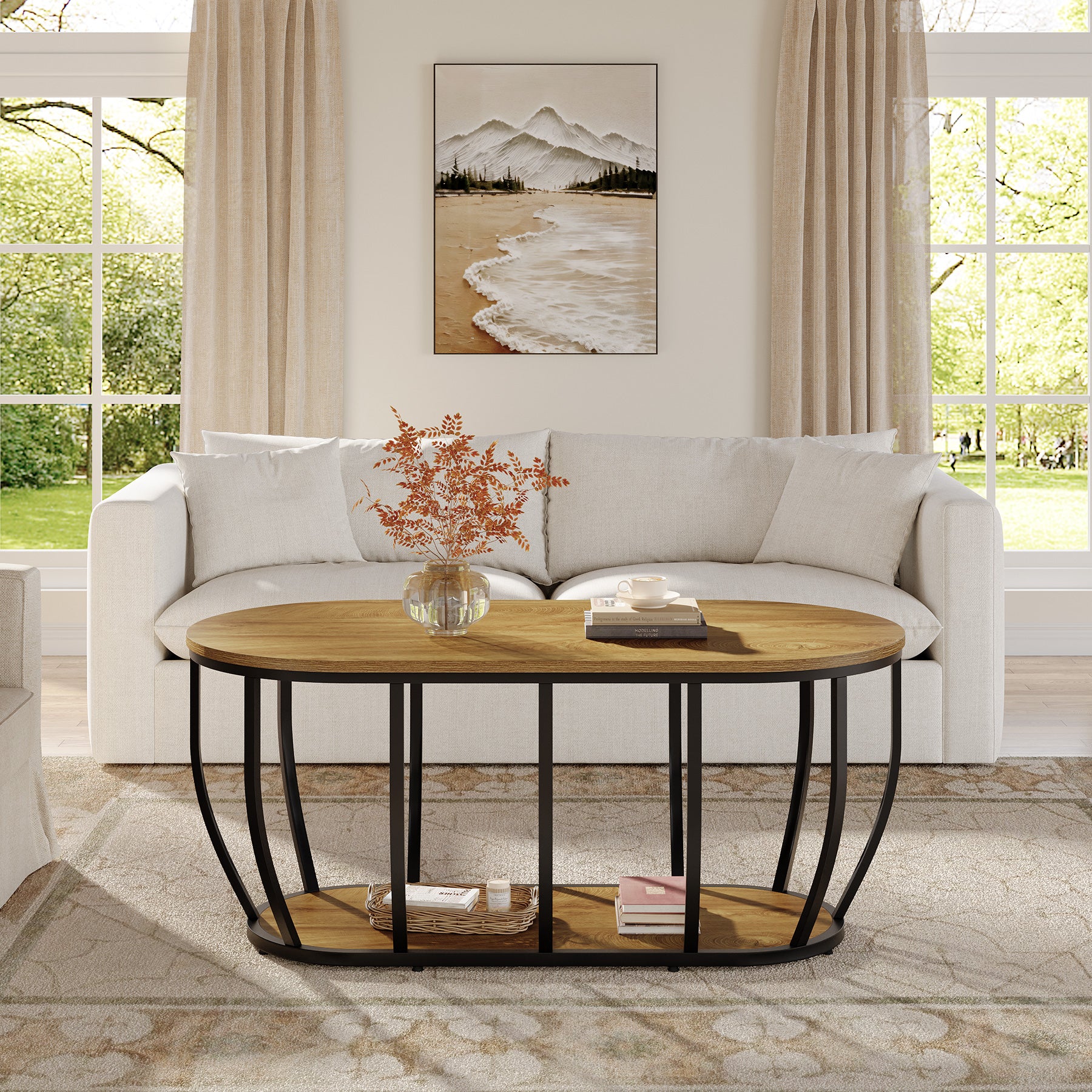 Tribesigns 47.2-Inch Oval Industrial Coffee Table, 2-Tier Wooden Center Table with Curved Metal Base