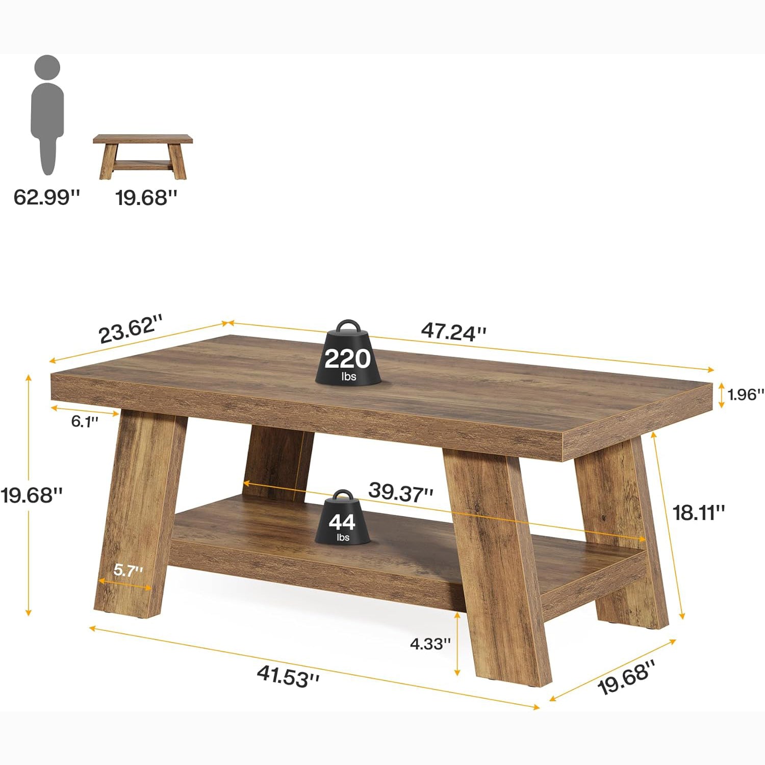 47" Rustic Farmhouse Coffee Table - 2-Tier Rectangular Storage Center Table for Living Room