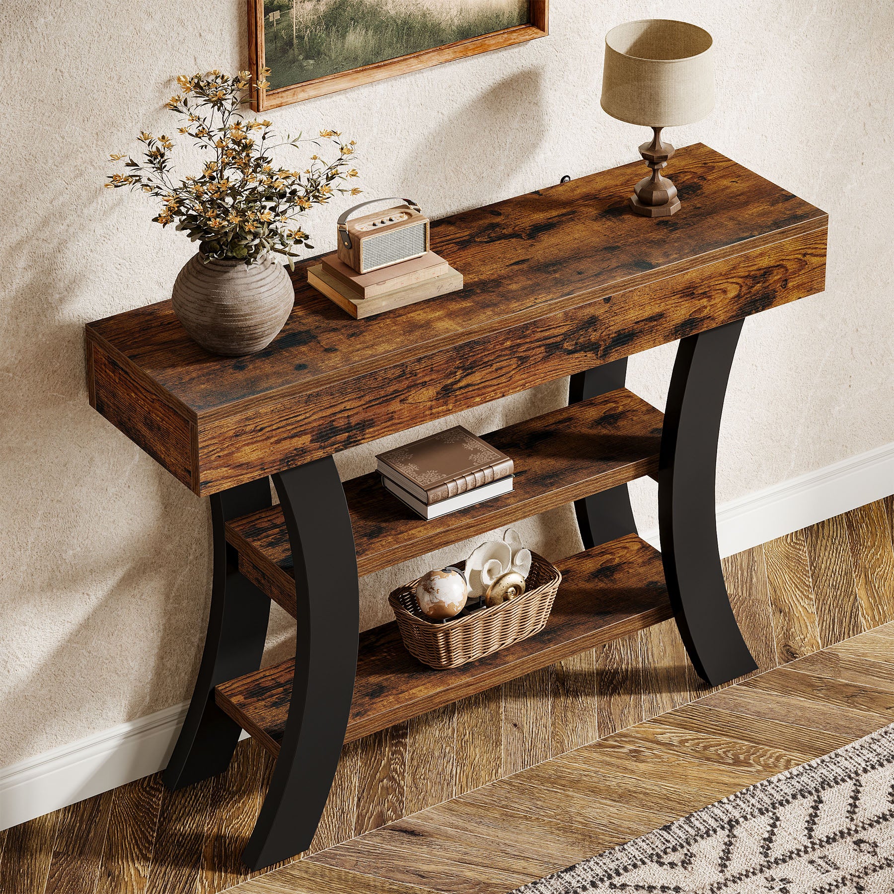 41.34" Rustic Console Table, 3-Tier Entryway Table with Curved Frame for Living Room