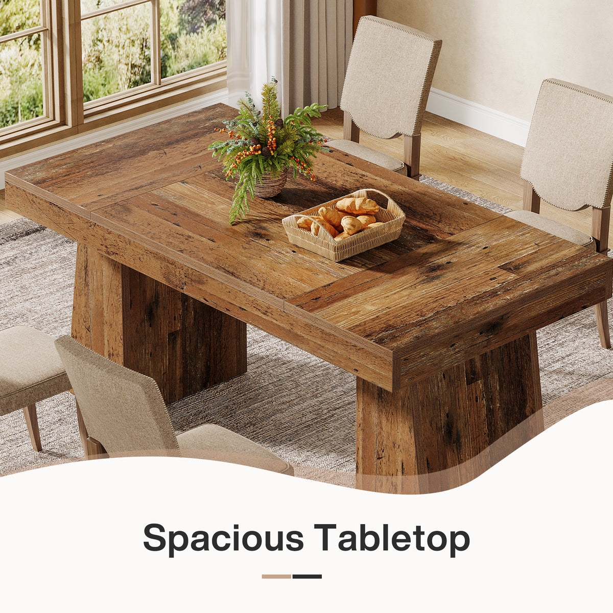 Tribesigns 55-Inch Dining Table for 4-6 People, Rectangular Farmhouse Kitchen Table with Double Pedestal Base