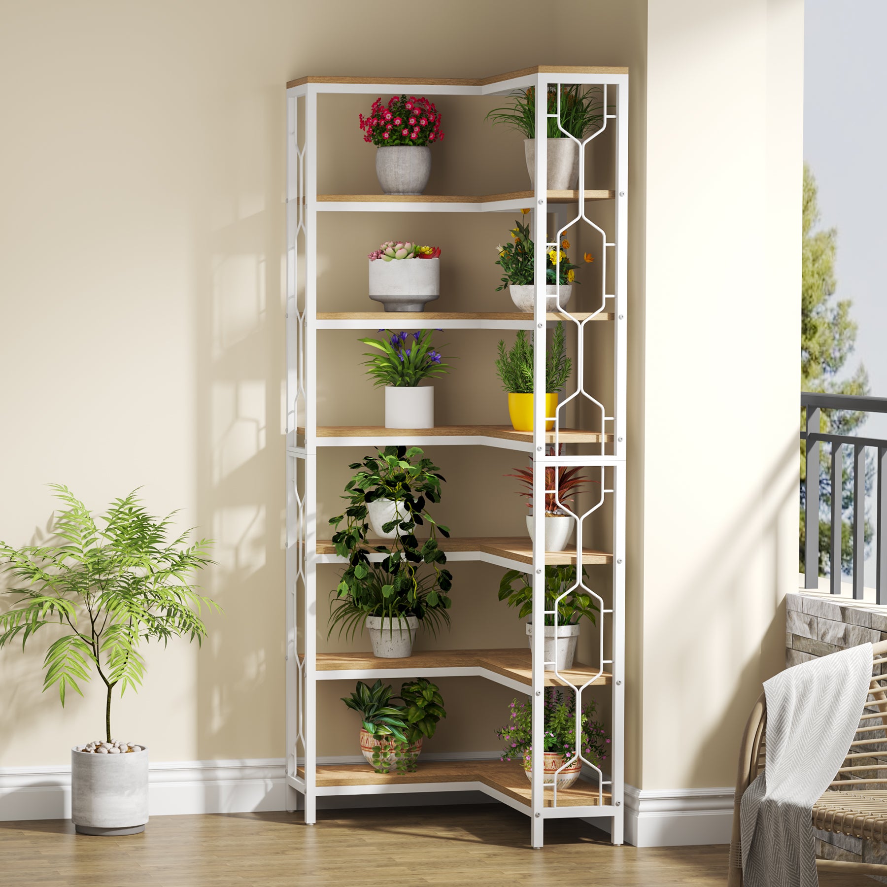 78.7-Inch 7-Tier Corner Bookcase with Hexagon-Pattern Side Panels, Tall Display Unit for Living Room