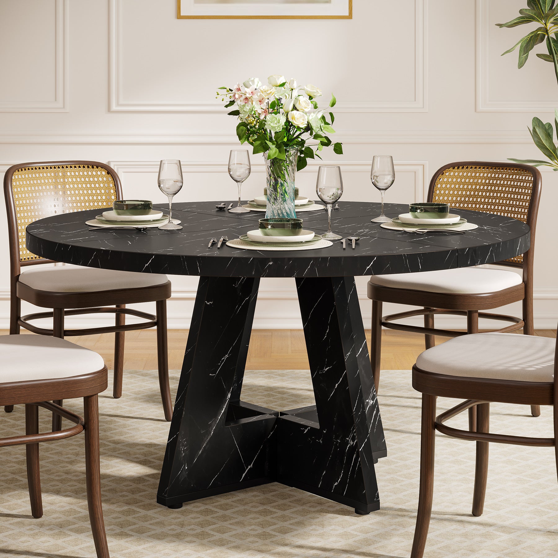 47-Inch Round Dining Table, Farmhouse Wood Kitchen Table for 4-6 with Cross Base