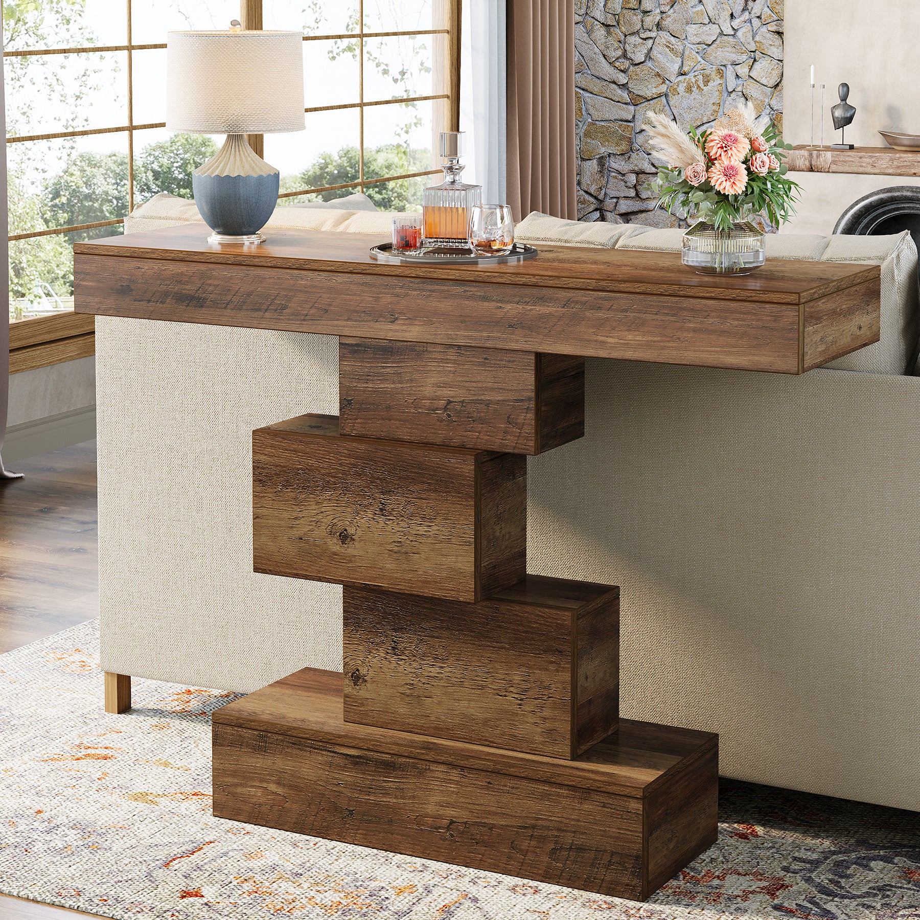 42" Console Table, Wood Sofa Table Accent Table with Geometric Base