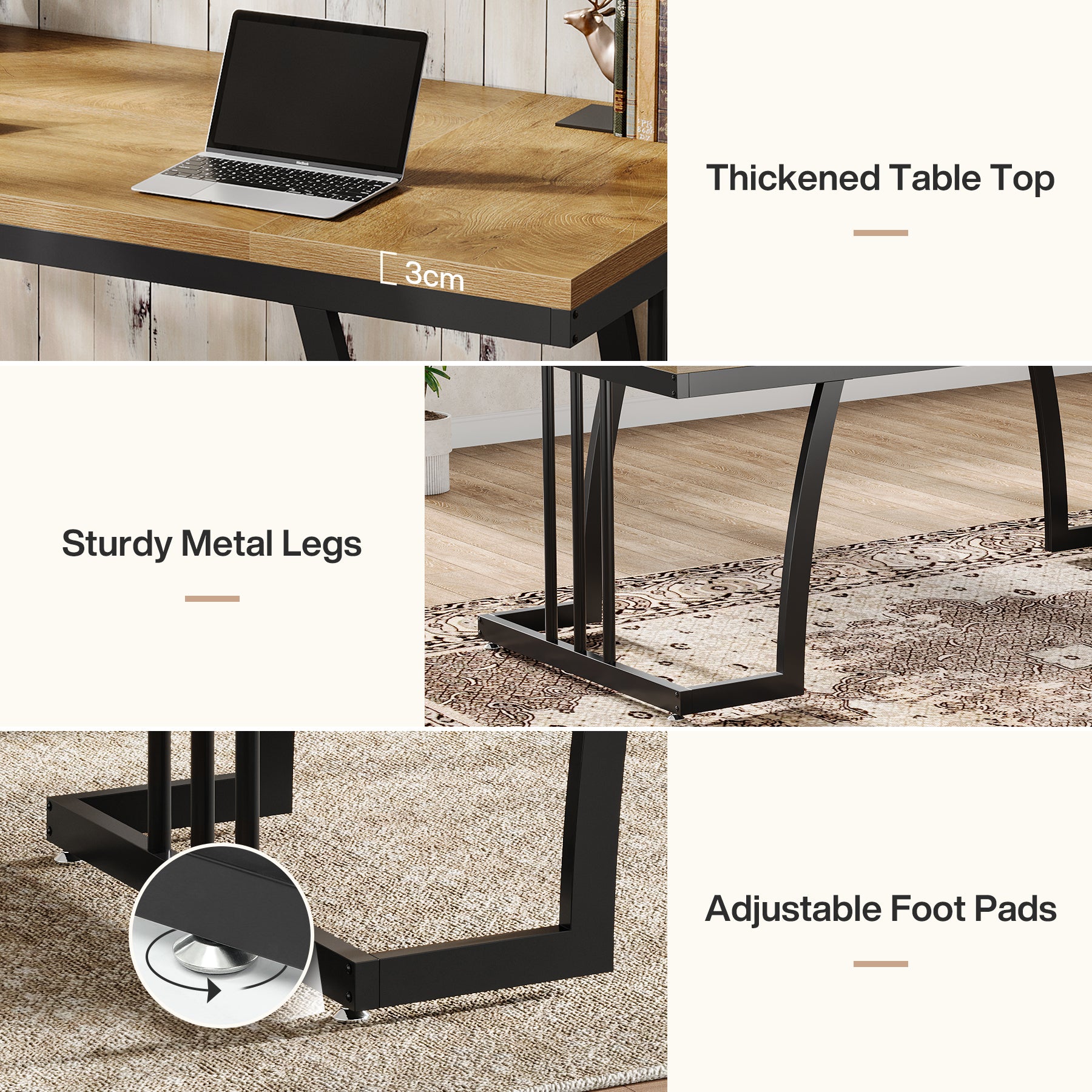 63-Inch Executive Desk with Deep Worktop and Metal Frame, Large Industrial Computer Desk for Home Office