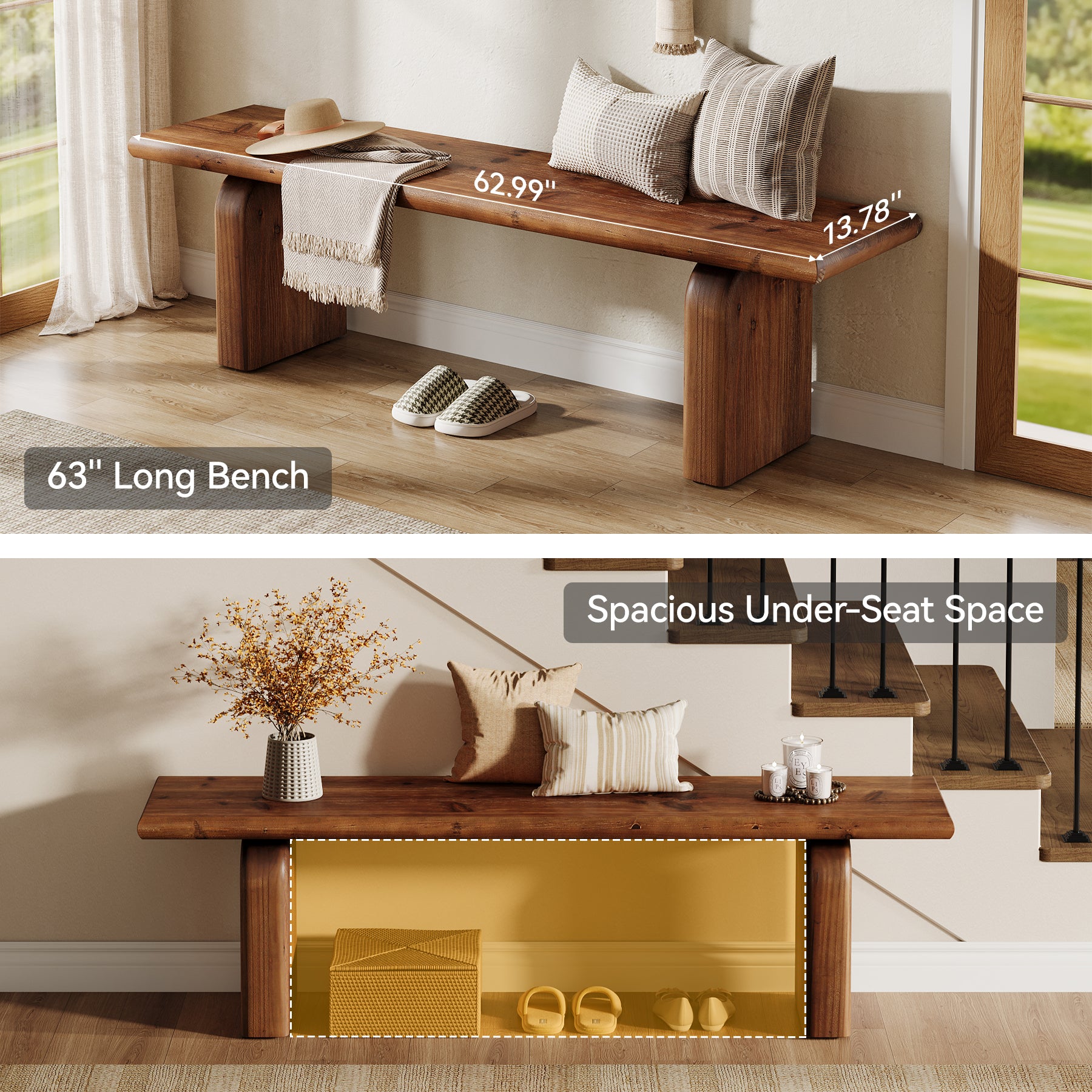 Tribesigns 62.99 Inch Solid Wood Entryway Bench, Farmhouse End of Bed Bench for Bedroom and Hallway
