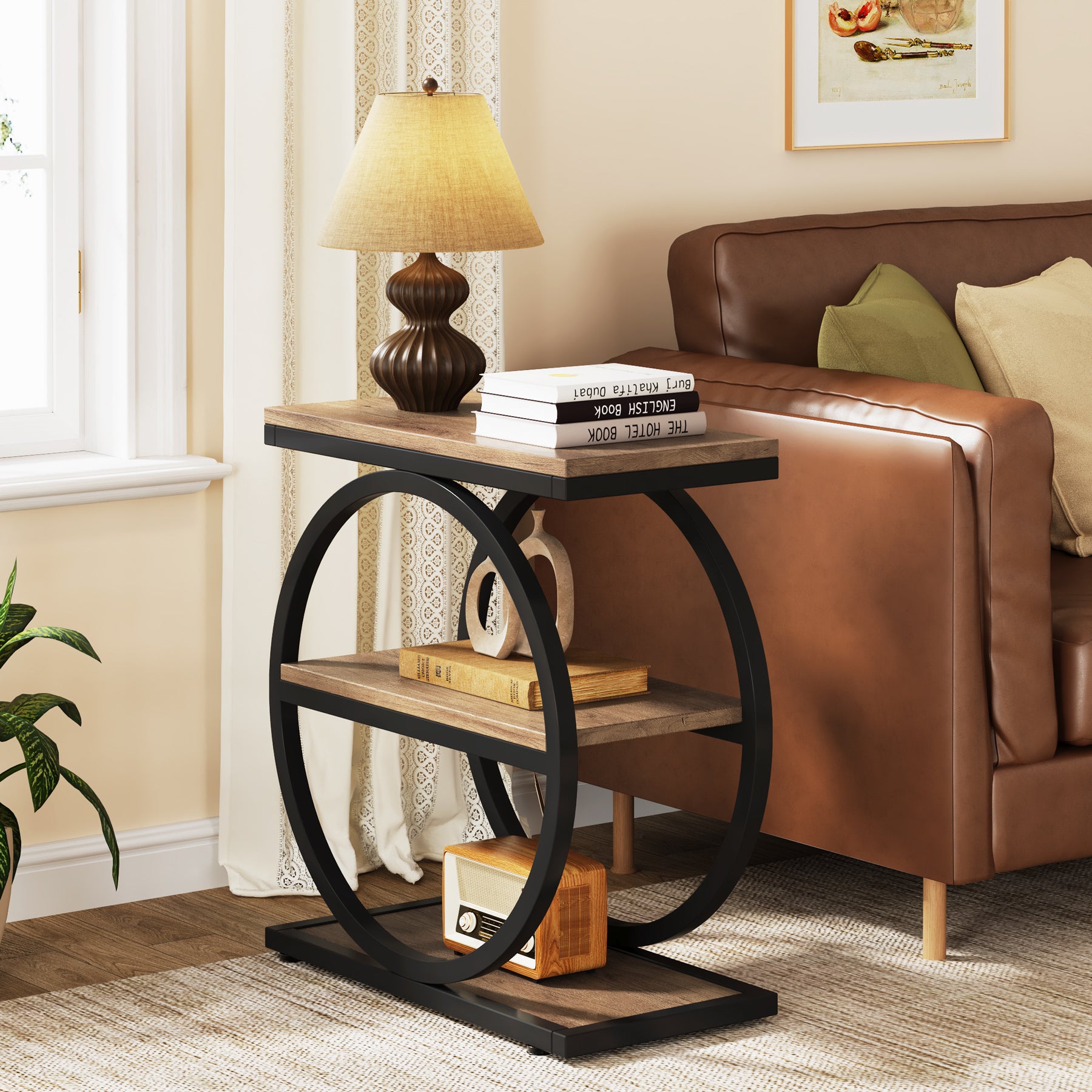 3-Tier End Table, Industrial Sofa Side Table with Round Metal Frame