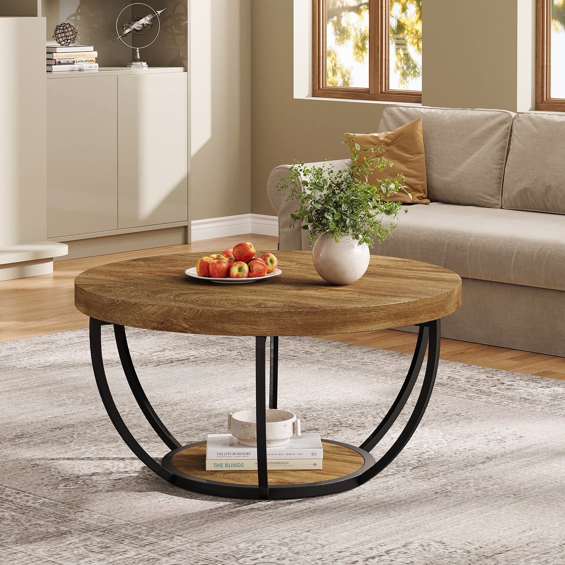 Round Wooden Coffee Table with 2-Tier Shelves