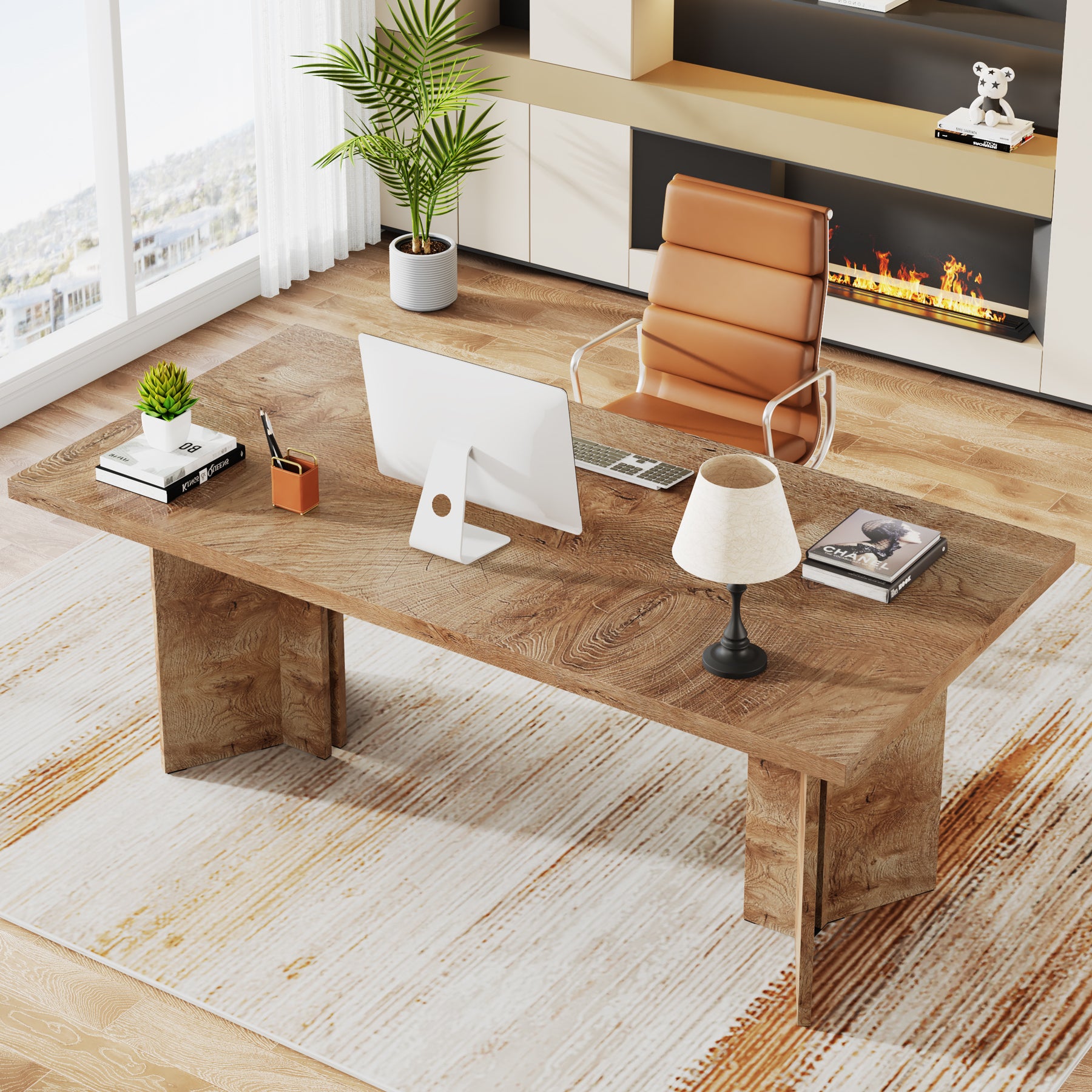 63" Wood Executive Desk, Farmhouse Computer Desk with Large Tabletop