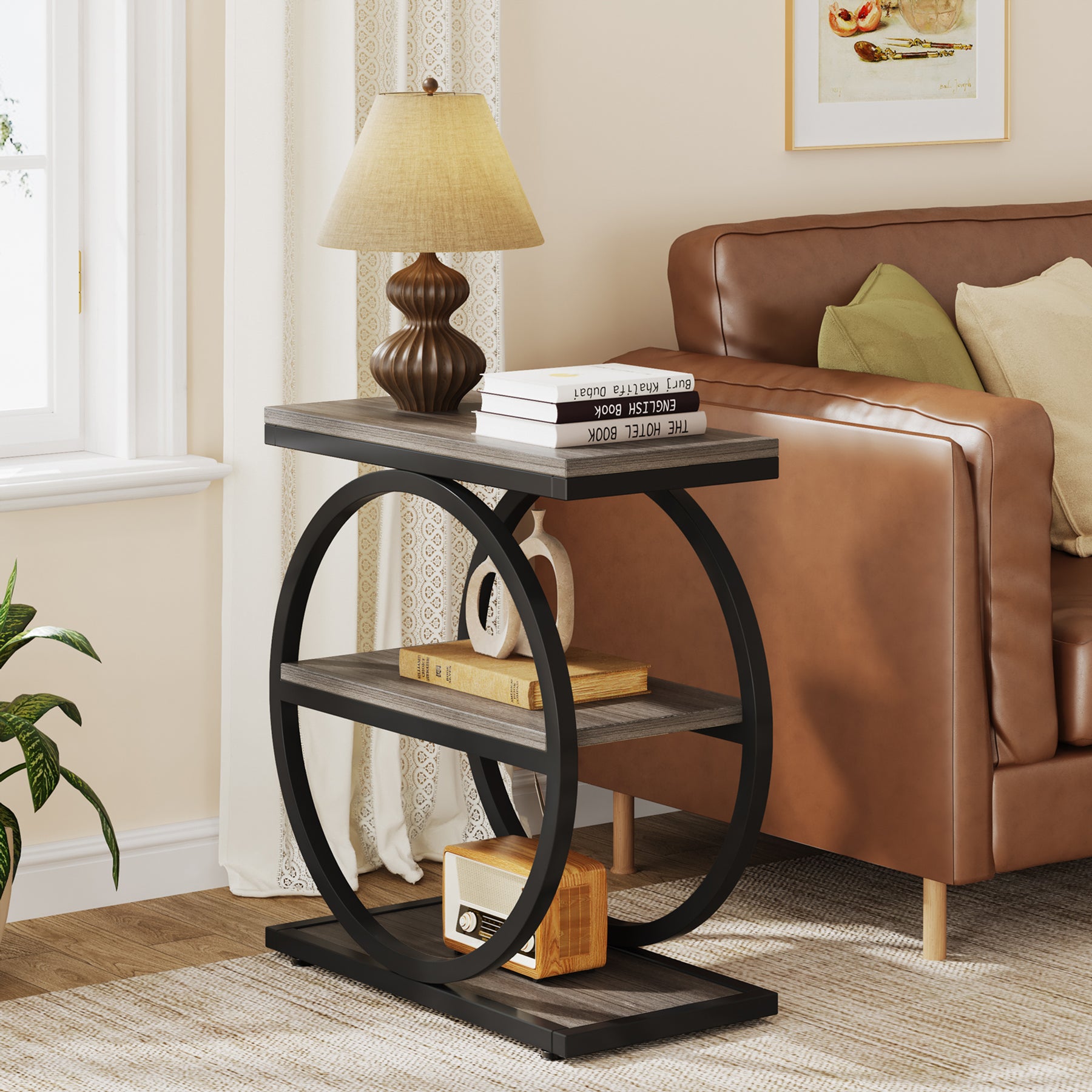 3-Tier End Table, Industrial Sofa Side Table with Round Metal Frame