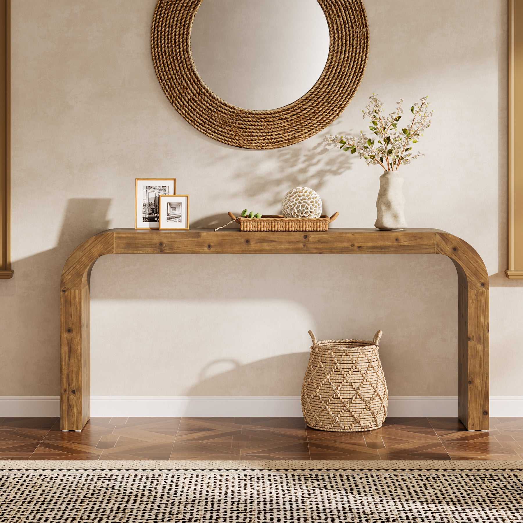 71 Inch Solid Wood Console Table, Farmhouse Waterfall Sofa Table for Entryway Hallway