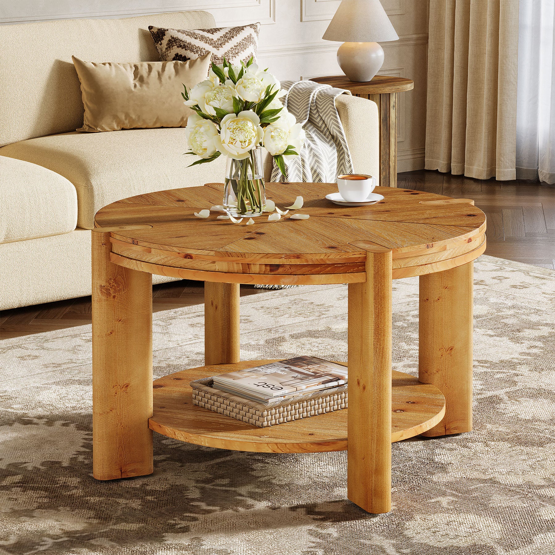 29.5 Inch Solid Wood Round Coffee Table, Farmhouse 2-Tier Circle Center Table with Open Storage Shelf for Living Room Apartment