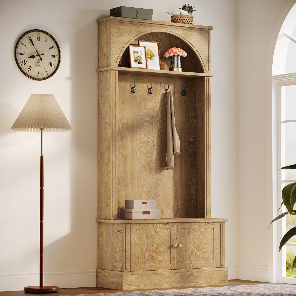 4-in-1 Hall Tree with Shoe Bench and Storage Cabinet, Entryway Coat Rack with Hooks and Top Shelf