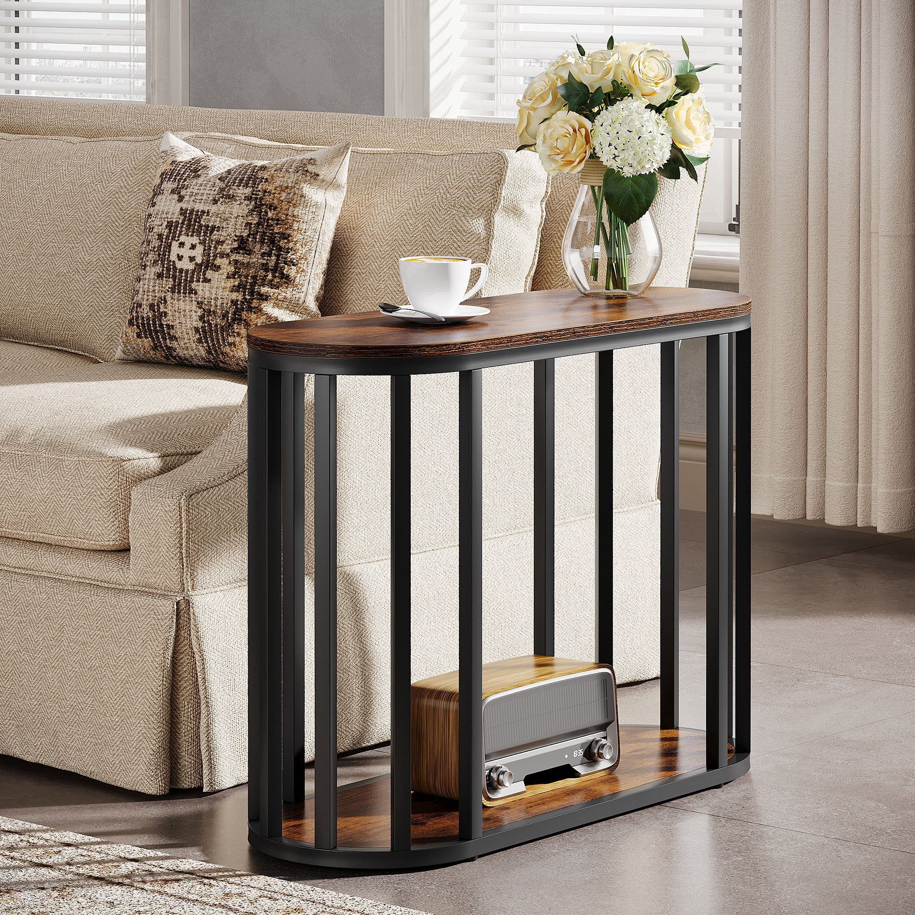 2-Tier Narrow End Table with Storage Shelf, Industrial Side Table Nightstand