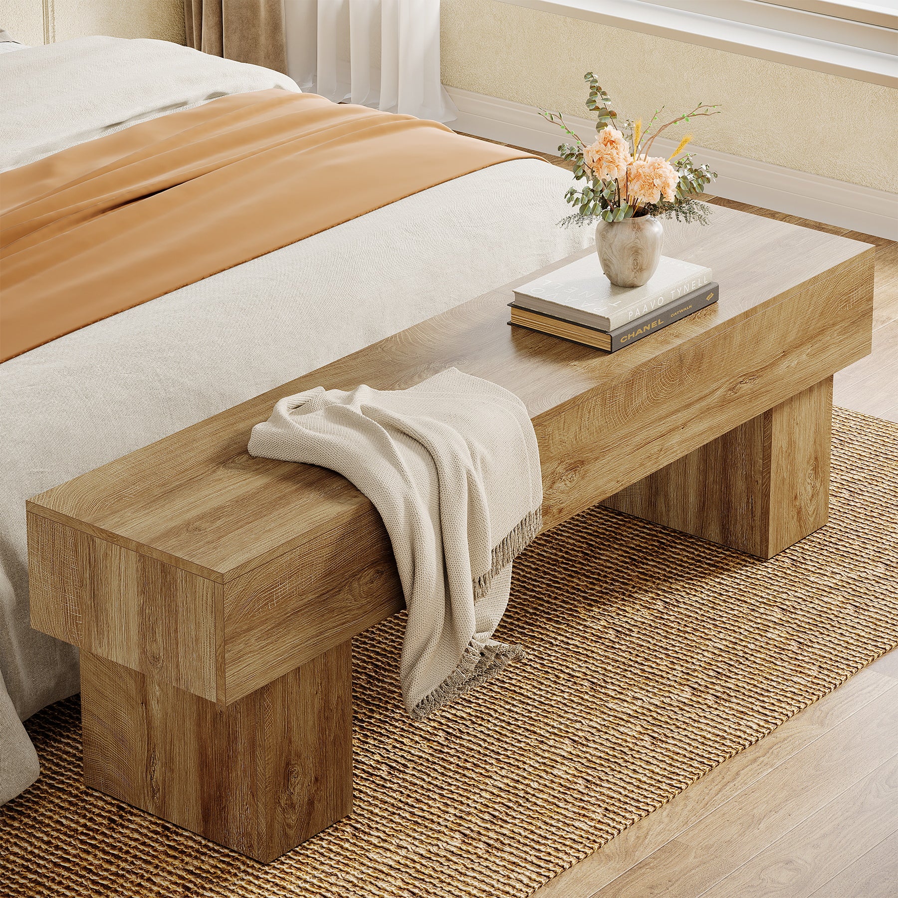 Tribesigns 62.99-Inch End of Bed Bench, Extra Long Farmhouse Wooden Bench with Shoe Storage for Bedroom