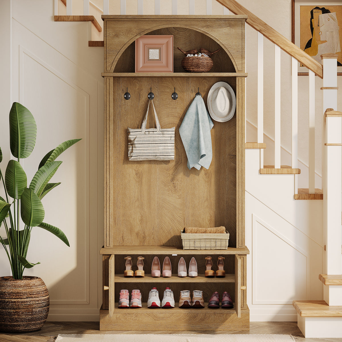 4-in-1 Hall Tree with Shoe Bench and Storage Cabinet, Entryway Coat Rack with Hooks and Top Shelf