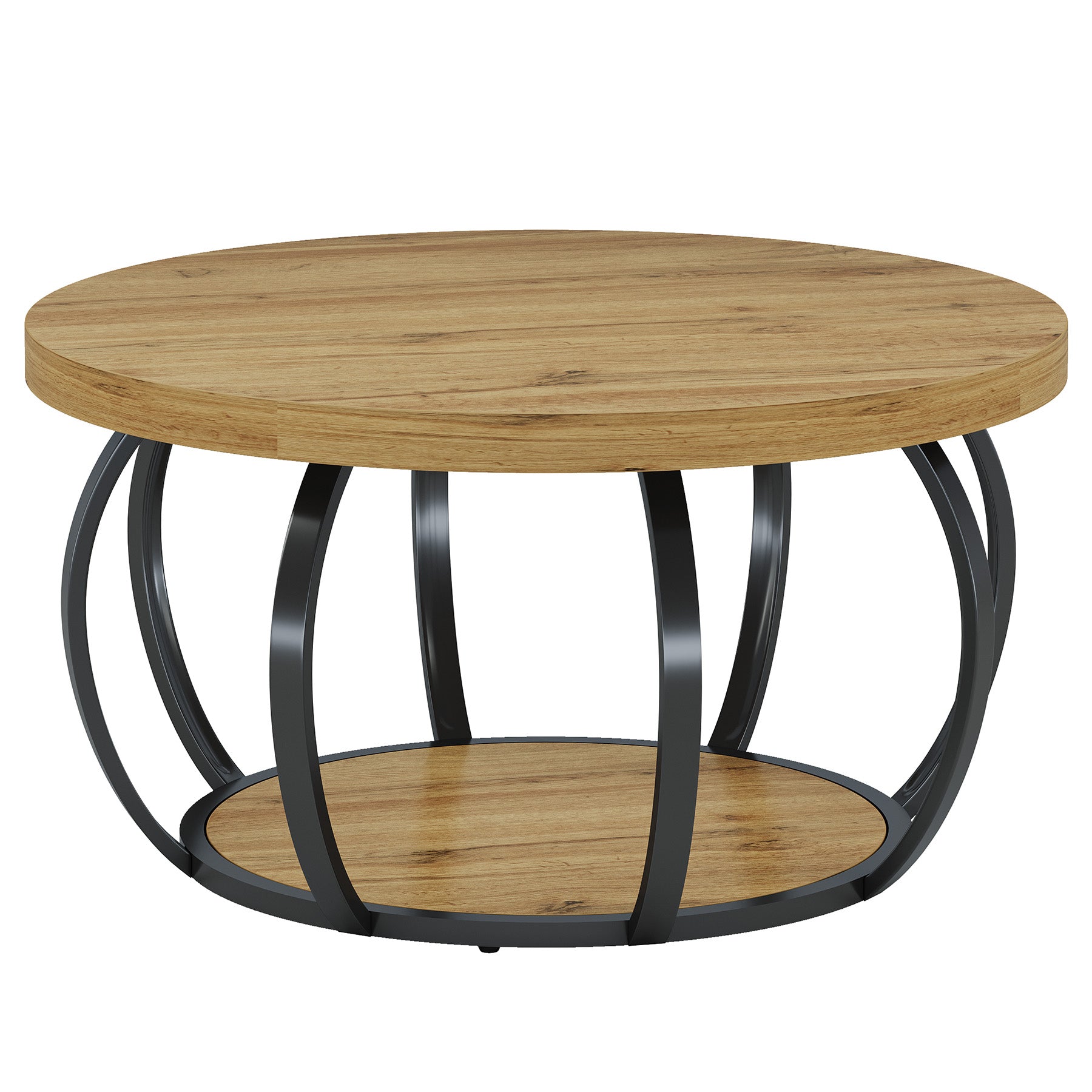 31.5" Round Coffee Table, Farmhouse Accent Center Table with 2-Tier Shelf#Color_Brown