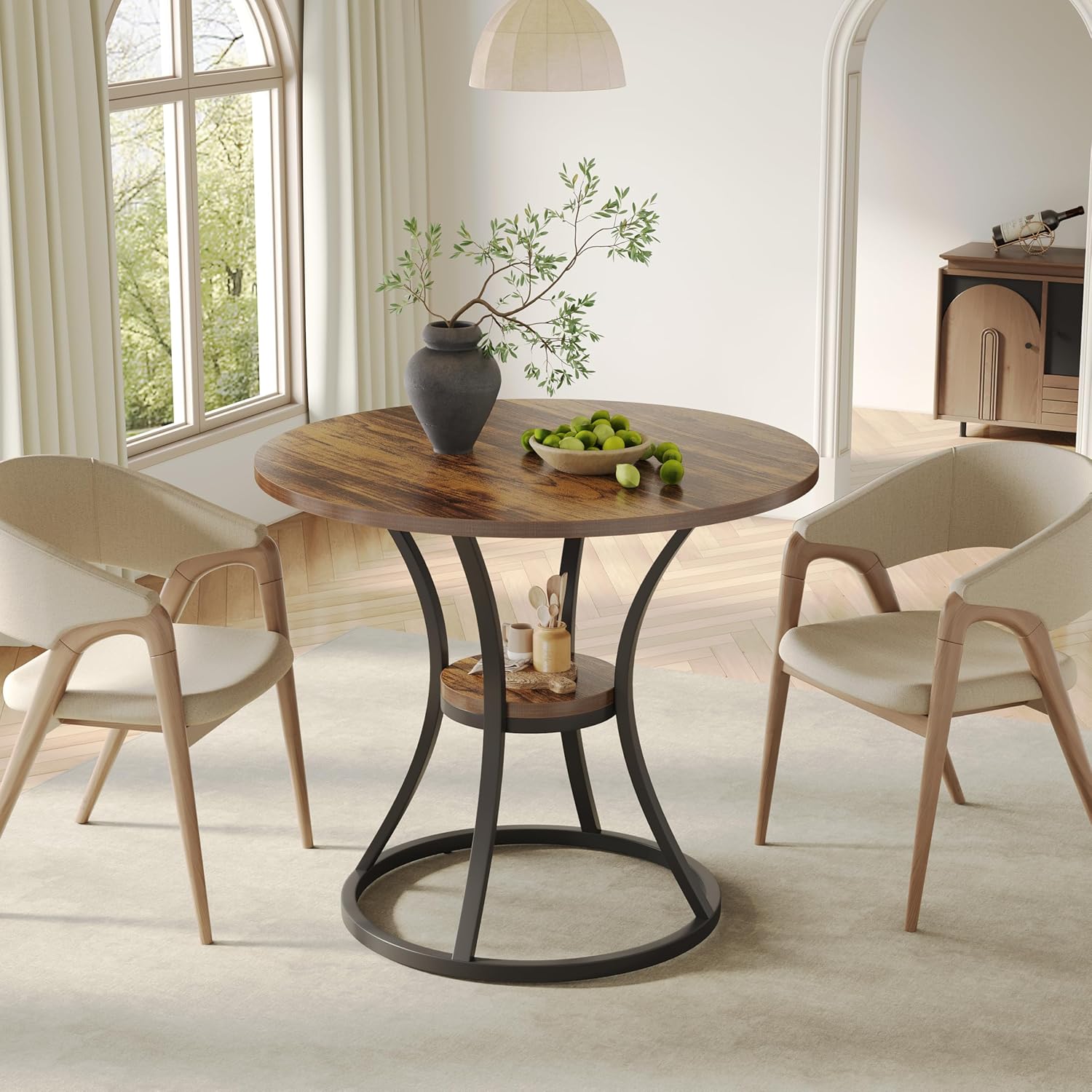 31.5" Round Farmhouse Table - Dining Table w/Metal Base for 2-4