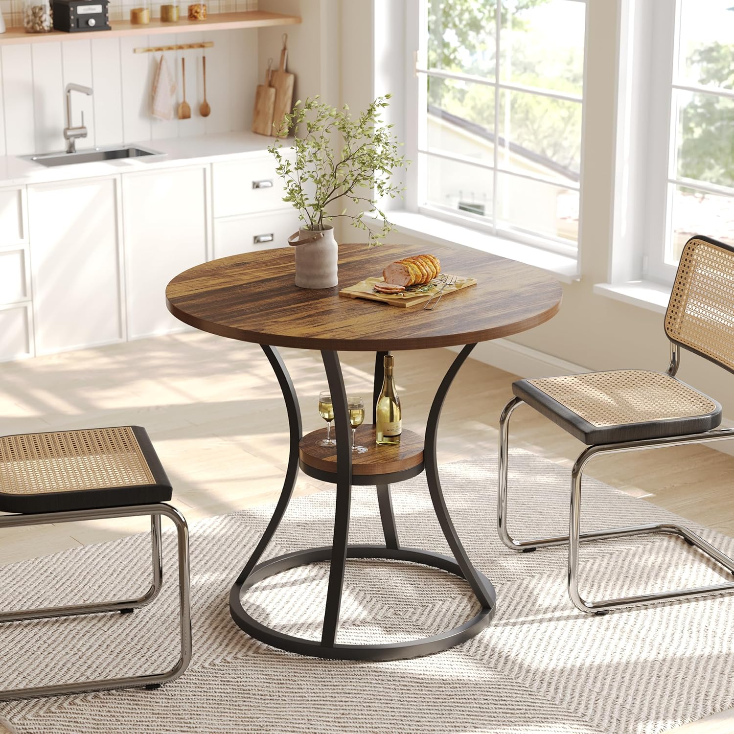 31.5" Round Farmhouse Table - Dining Table w/Metal Base for 2-4