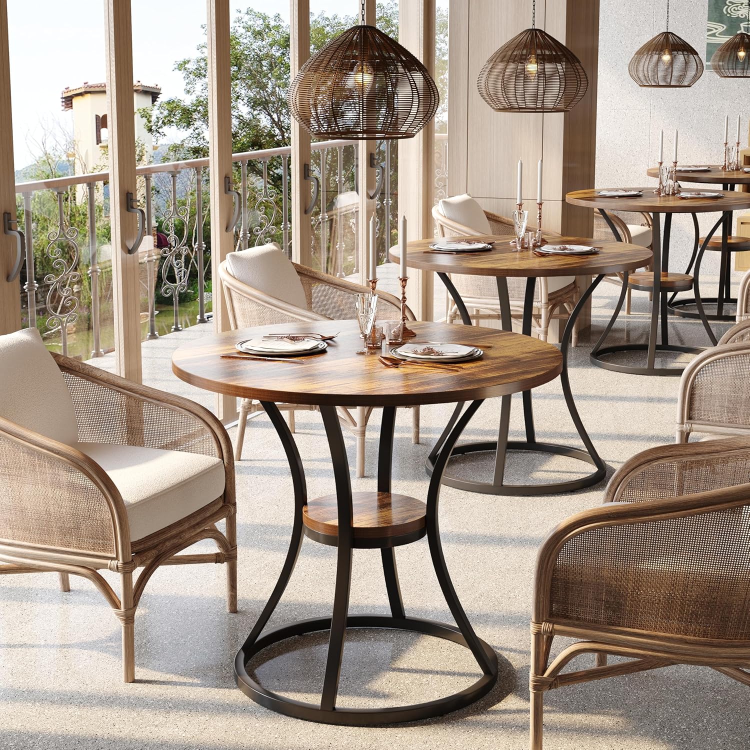 31.5" Round Farmhouse Table - Dining Table w/Metal Base for 2-4