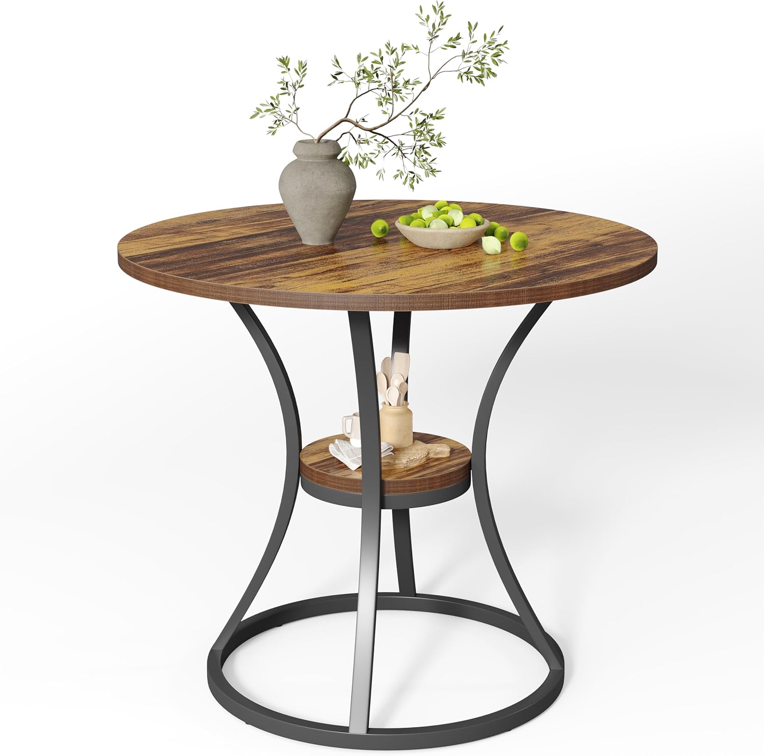 31.5" Round Farmhouse Table - Dining Table w/Metal Base for 2-4