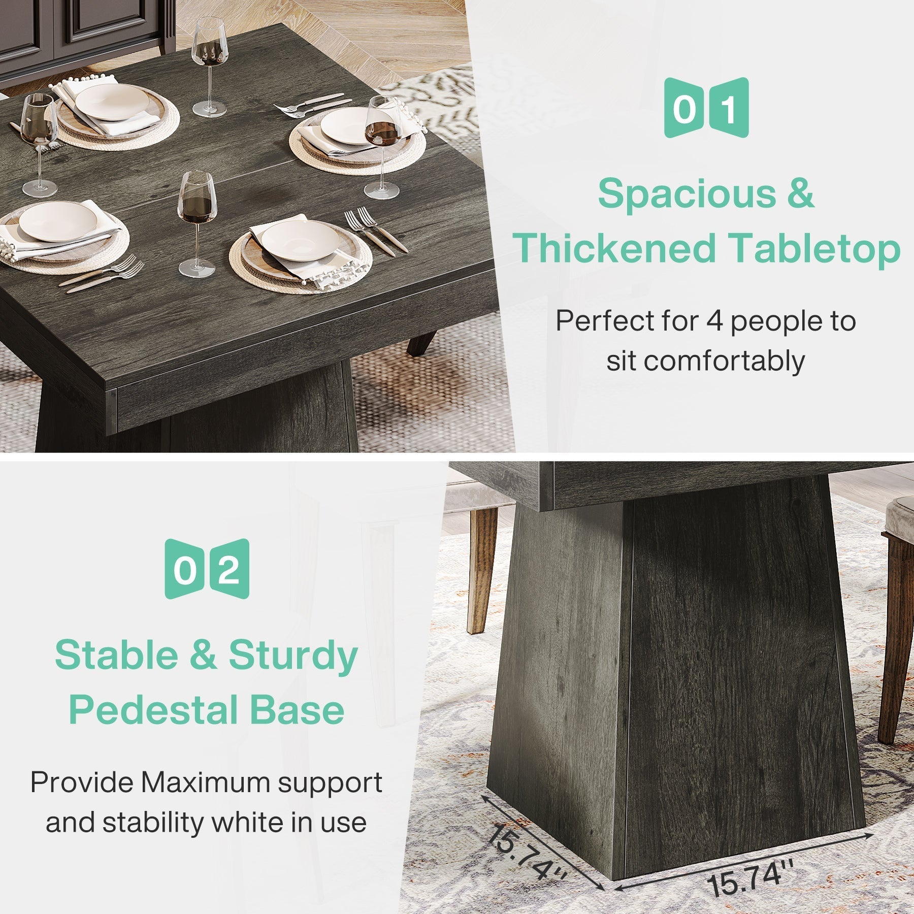 Tribesigns 31.5-Inch Square Dining Table for 4 with Pedestal Base, Farmhouse Kitchen Table