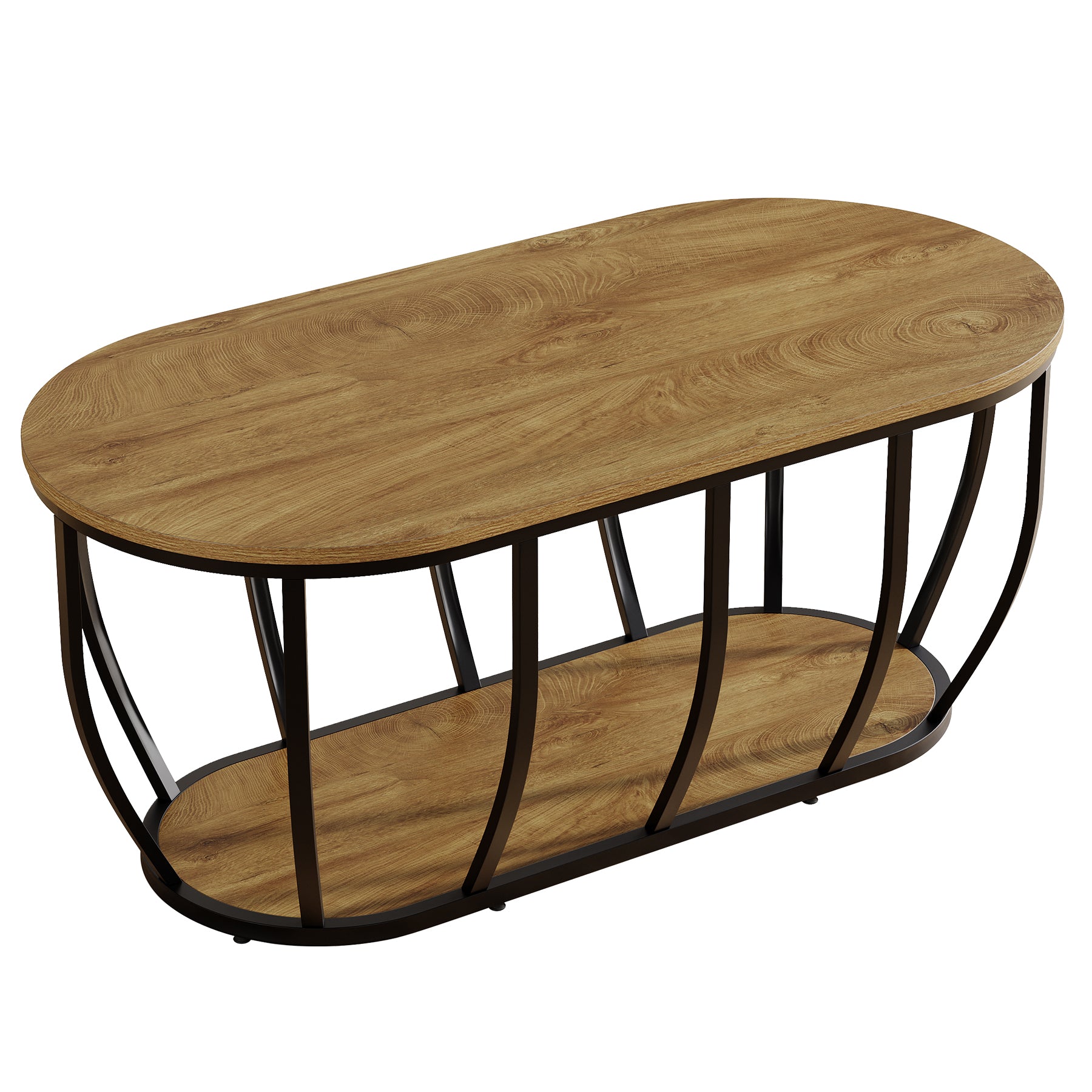 Tribesigns 47.2-Inch Oval Industrial Coffee Table, 2-Tier Wooden Center Table with Curved Metal Base