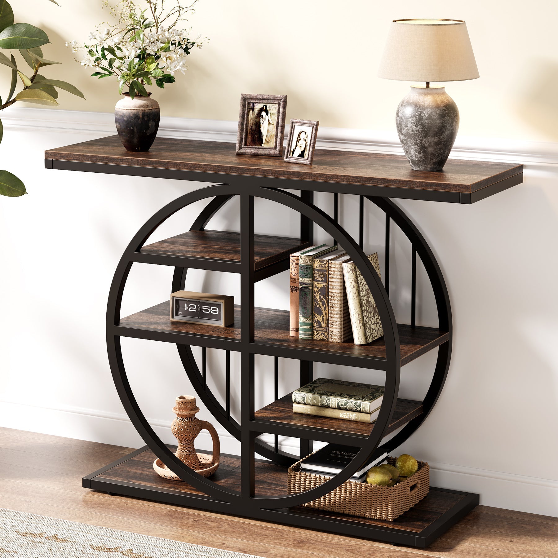 39" Console Table, 5-Tier Entryway Table Sofa Table with Circle Base