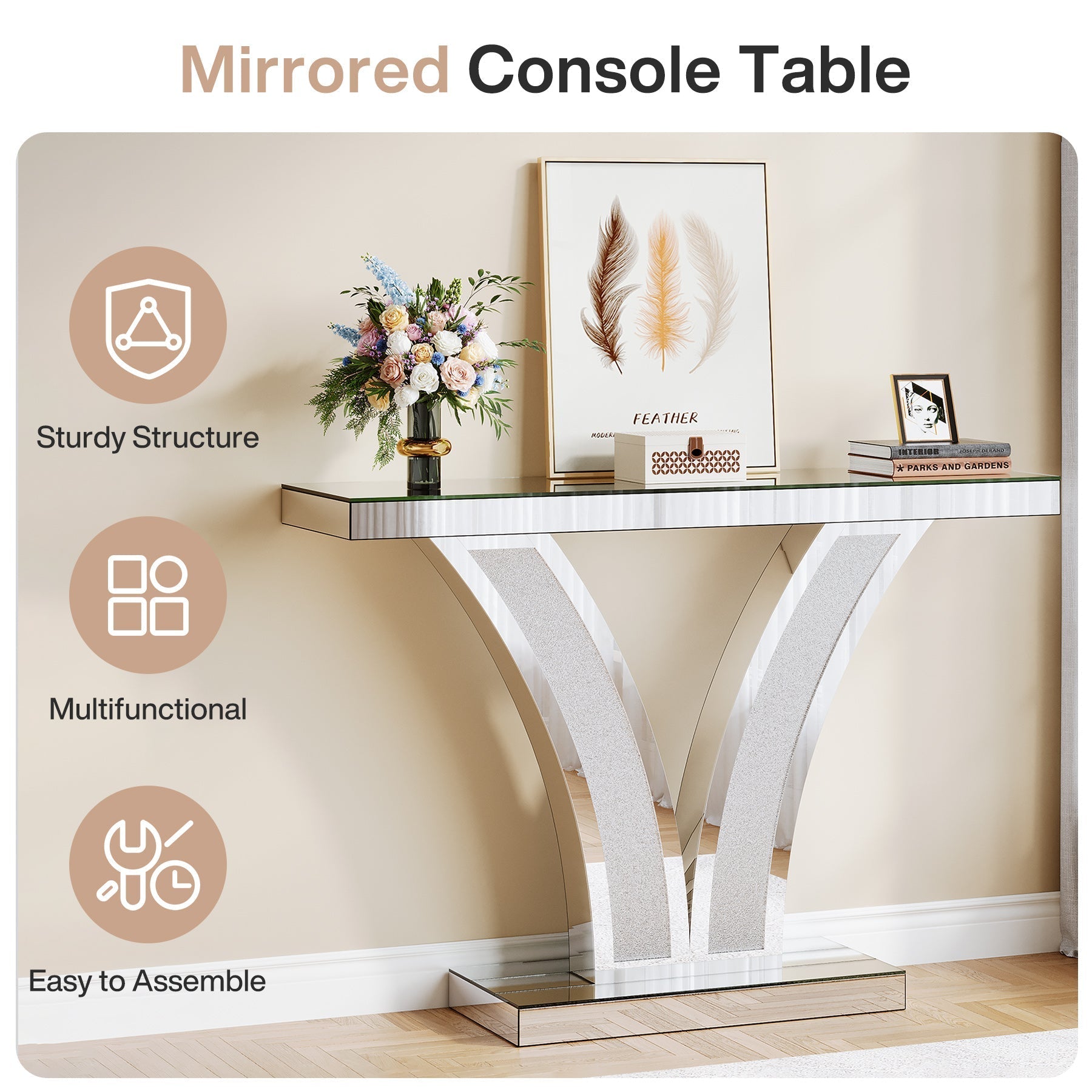 39" Mirrored Console Table, Modern Silver Entryway Table Tribesigns