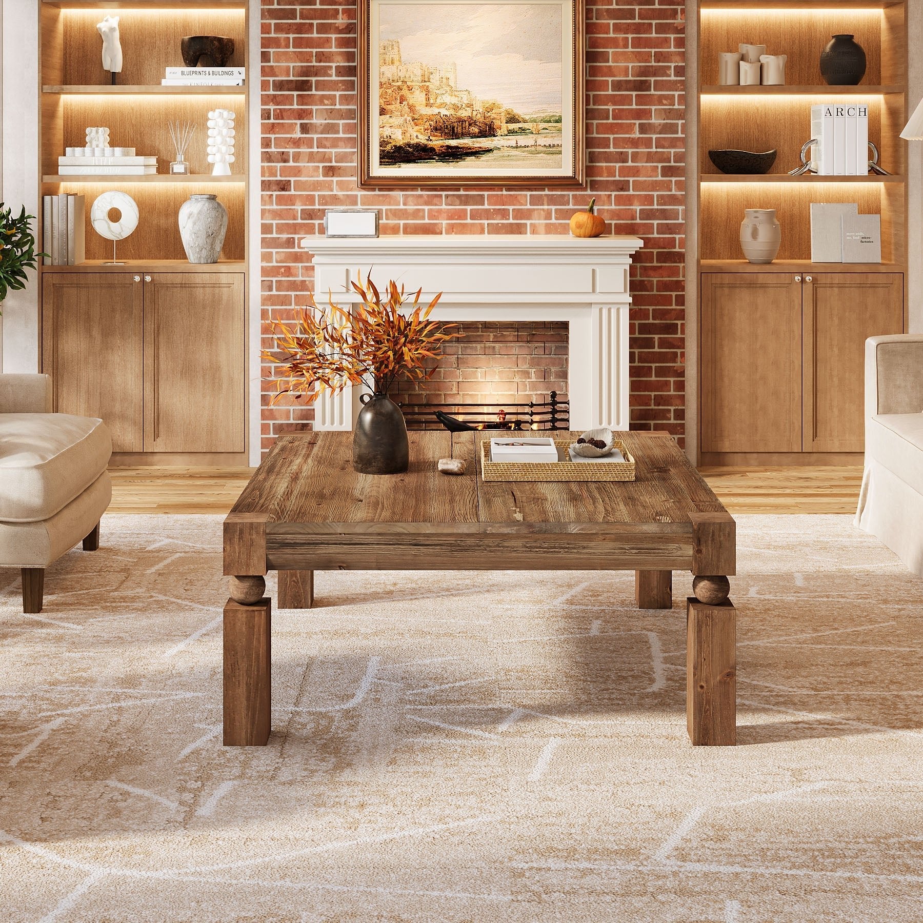 39" Square Coffee Table, Farmhouse Wood Accent Center Table with Sturdy Legs