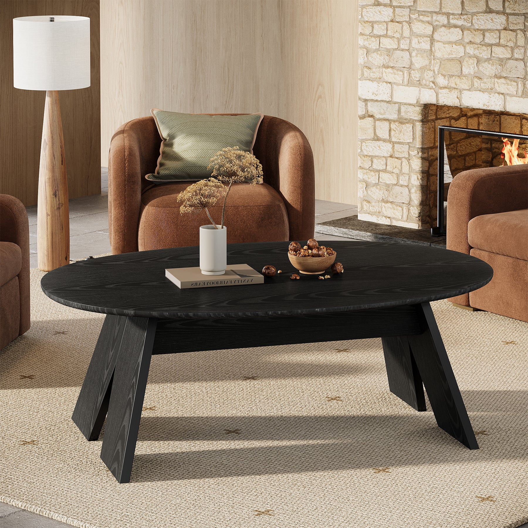 47-Inch Oval Coffee Table for Living Room, Modern Black Center Cocktail Table with Angled Legs