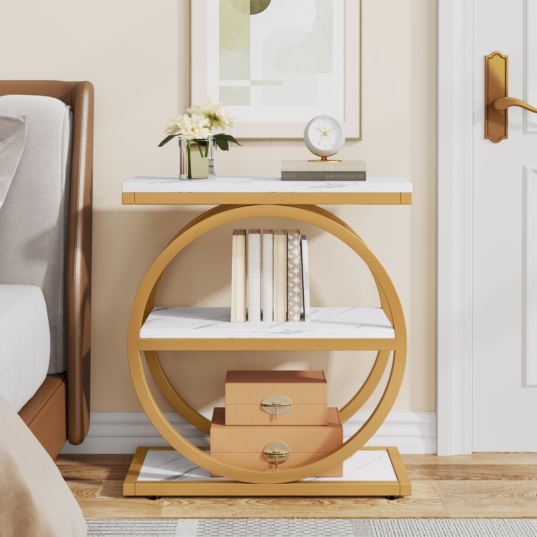 3-Tier End Table, Industrial Sofa Side Table with Round Metal Frame
