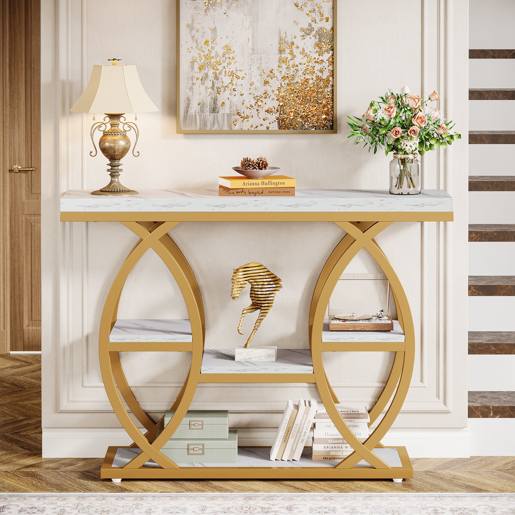 Tribesigns 39.4-Inch 4-Tier Console Table with Geometric Metal Frame, Sofa Table for Hallway Foyer and Small Spaces