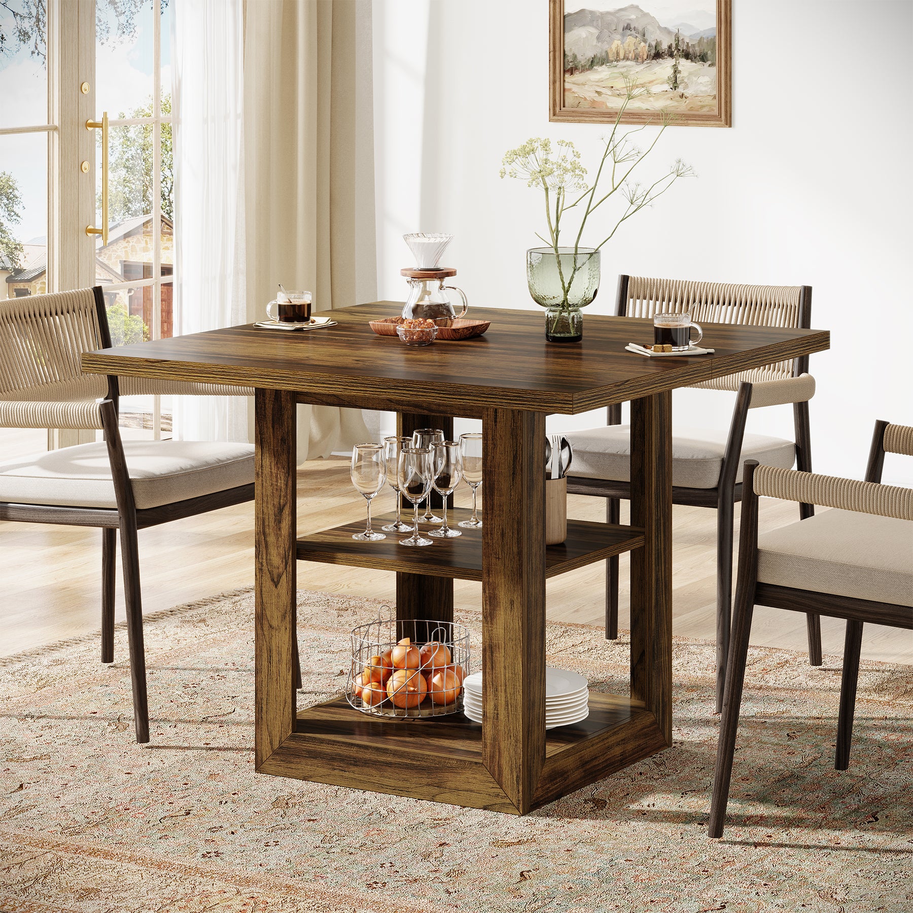 Tribesigns 31.5 Inch Square Dining Table for 4, Farmhouse Kitchen Table with Storage Shelf