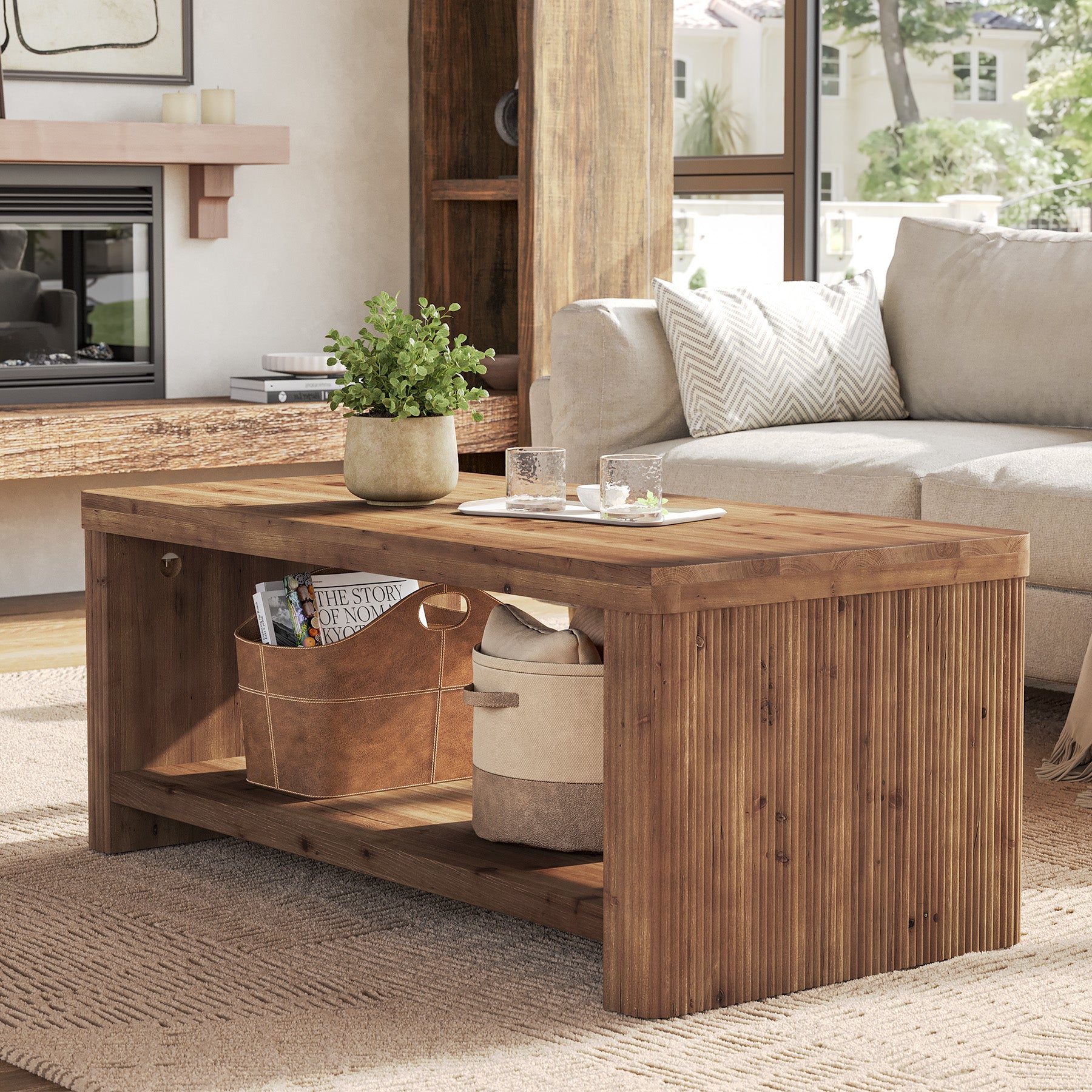 47.24" Solid Wood Coffee Table in Rustic Brown, Modern Fluted Low Rectangle Center Table with 2-Tier Storage