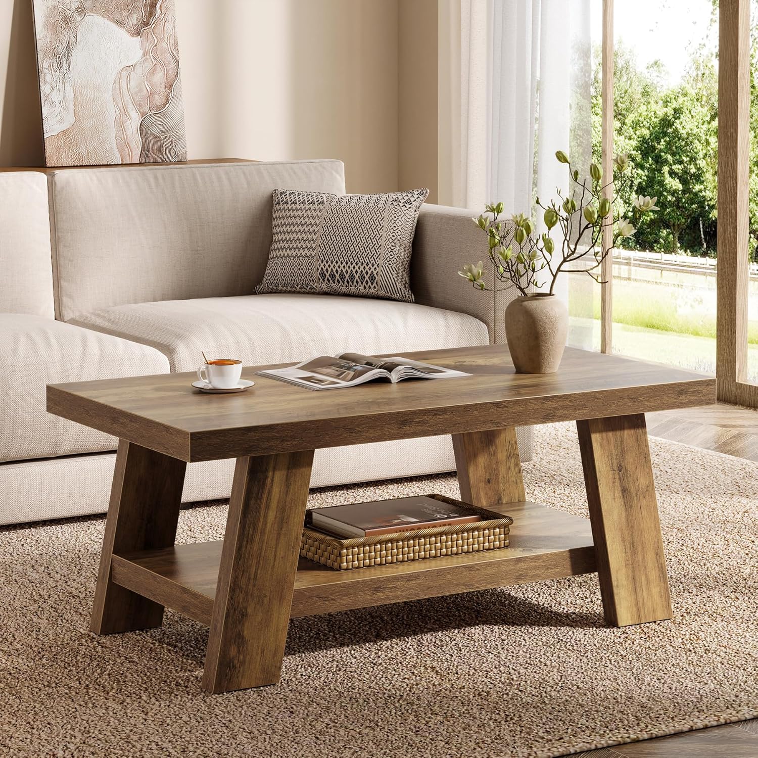 47" Rustic Farmhouse Coffee Table - 2-Tier Rectangular Storage Center Table for Living Room