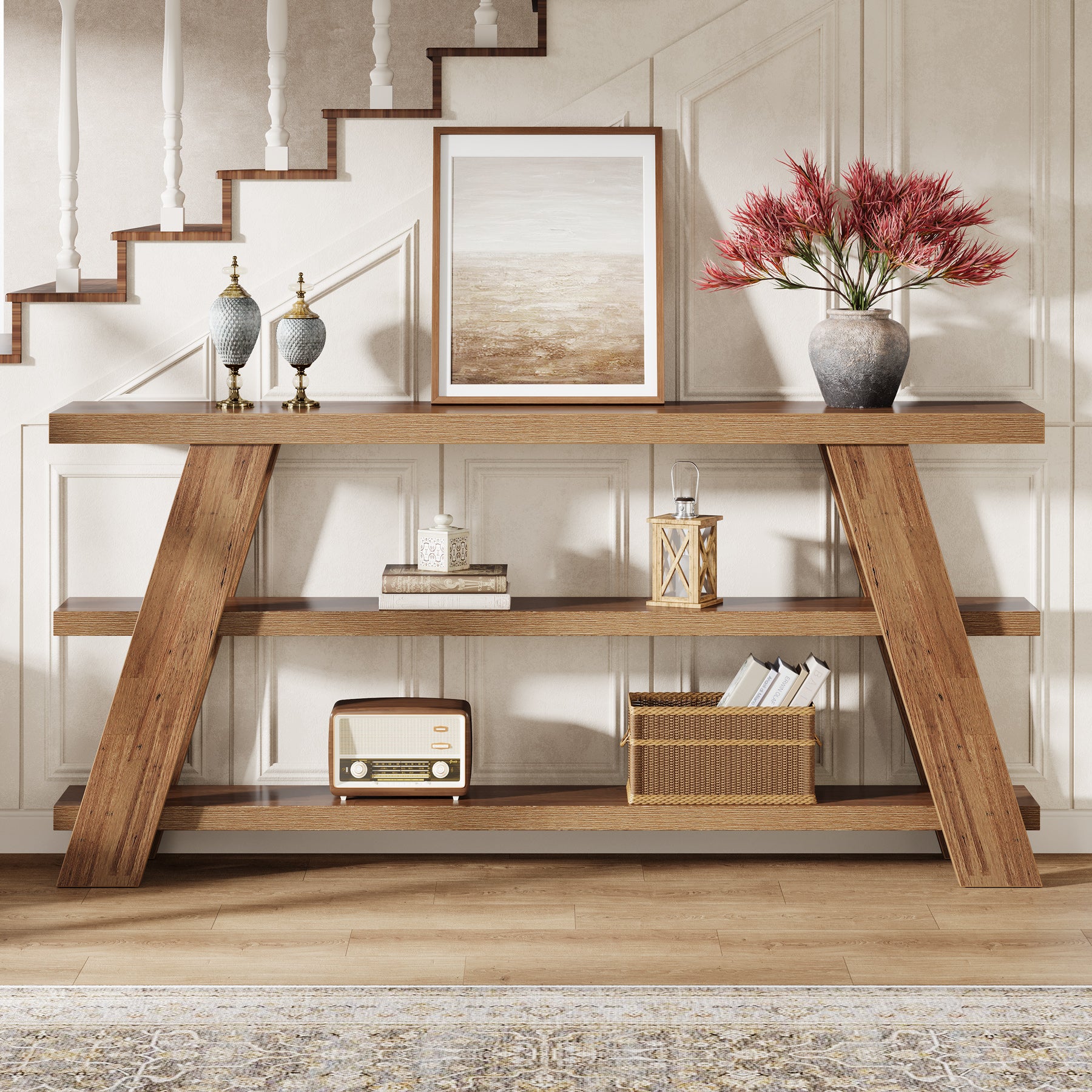 70.9" Farmhouse Console Table, 3-Tier Narrow Sofa Table with Storage