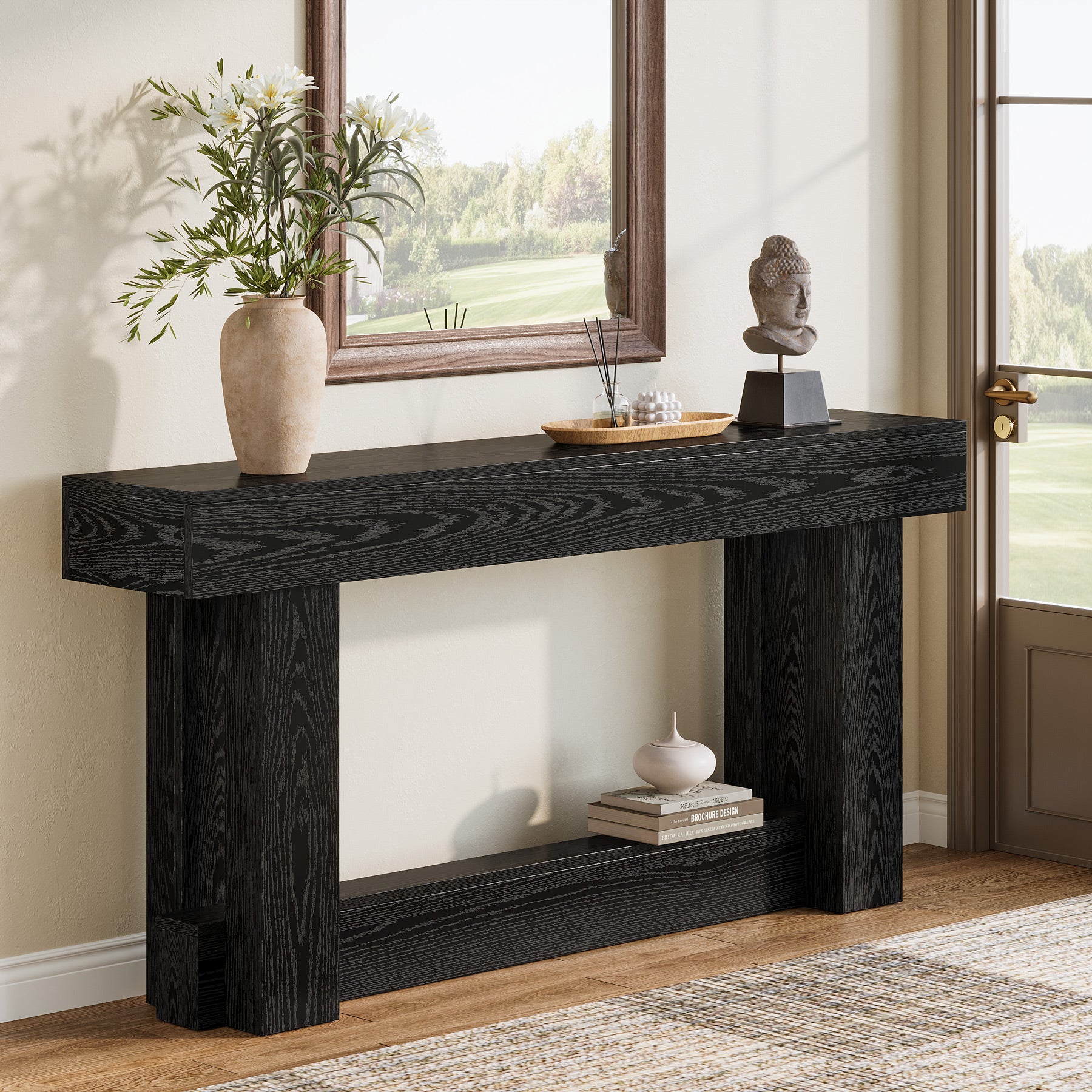 62.99 Inch Wood Console Table, 2-Tier Narrow Long Farmhouse Entryway Table