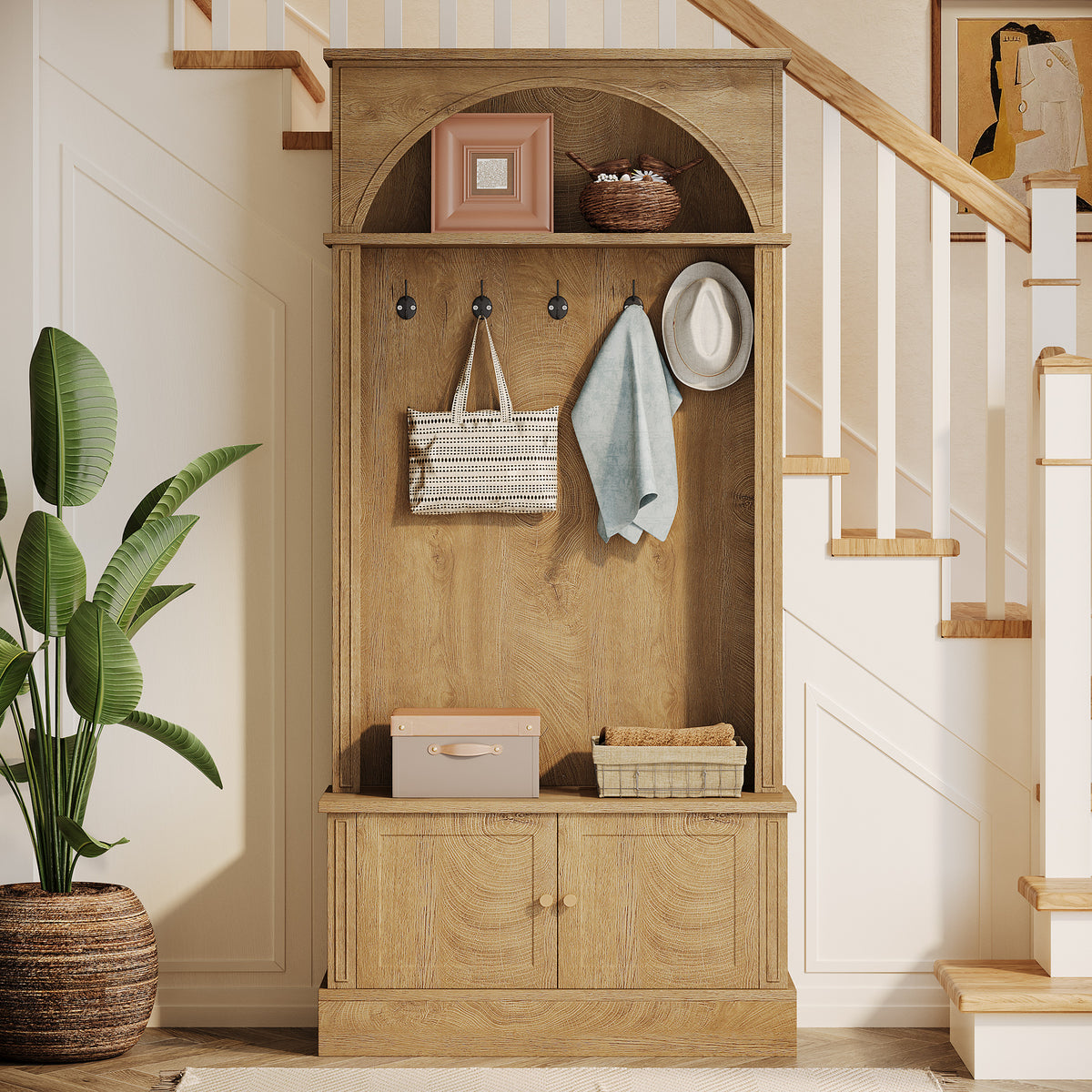 4-in-1 Hall Tree with Shoe Bench and Storage Cabinet, Entryway Coat Rack with Hooks and Top Shelf