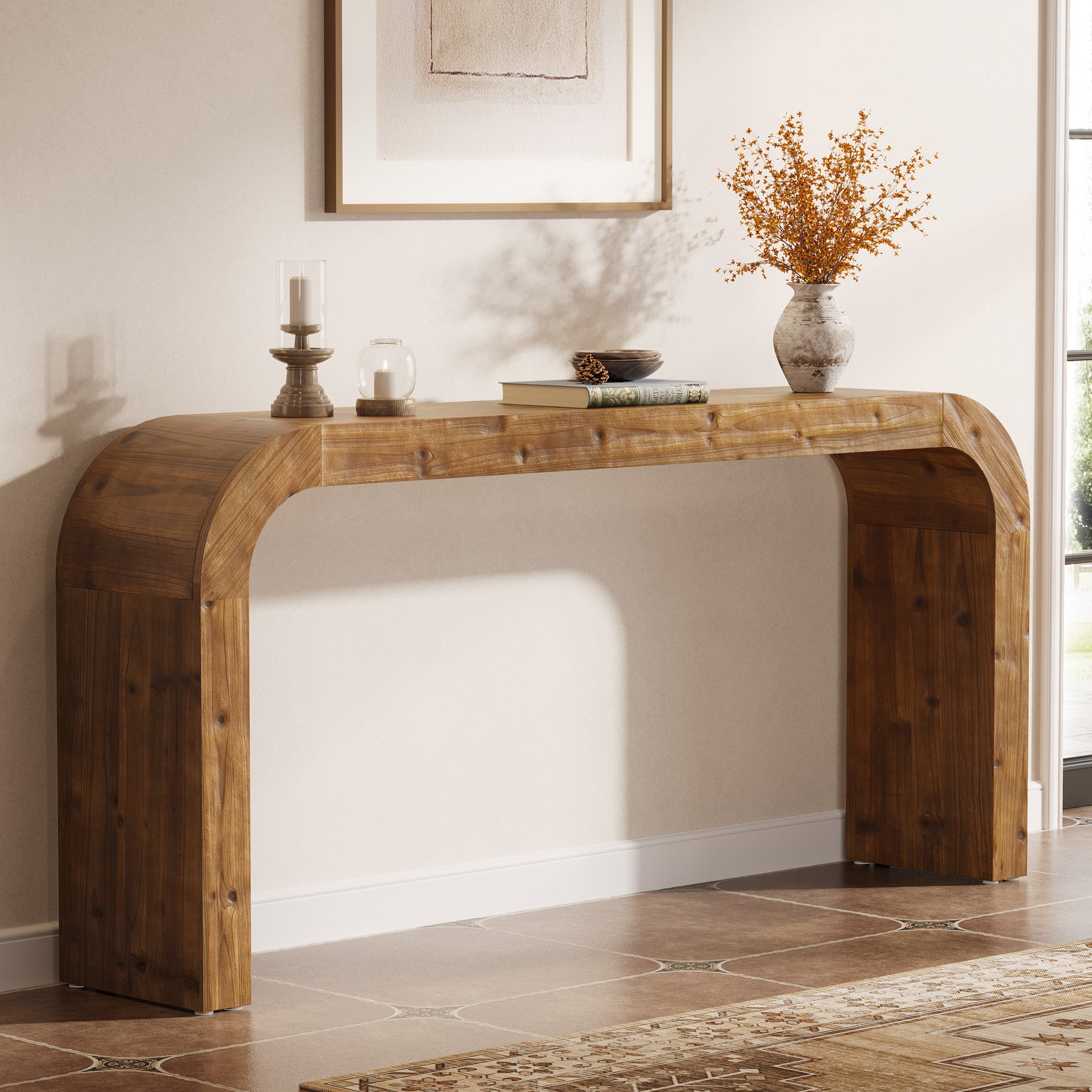 71 Inch Solid Wood Console Table, Farmhouse Waterfall Sofa Table for Entryway Hallway