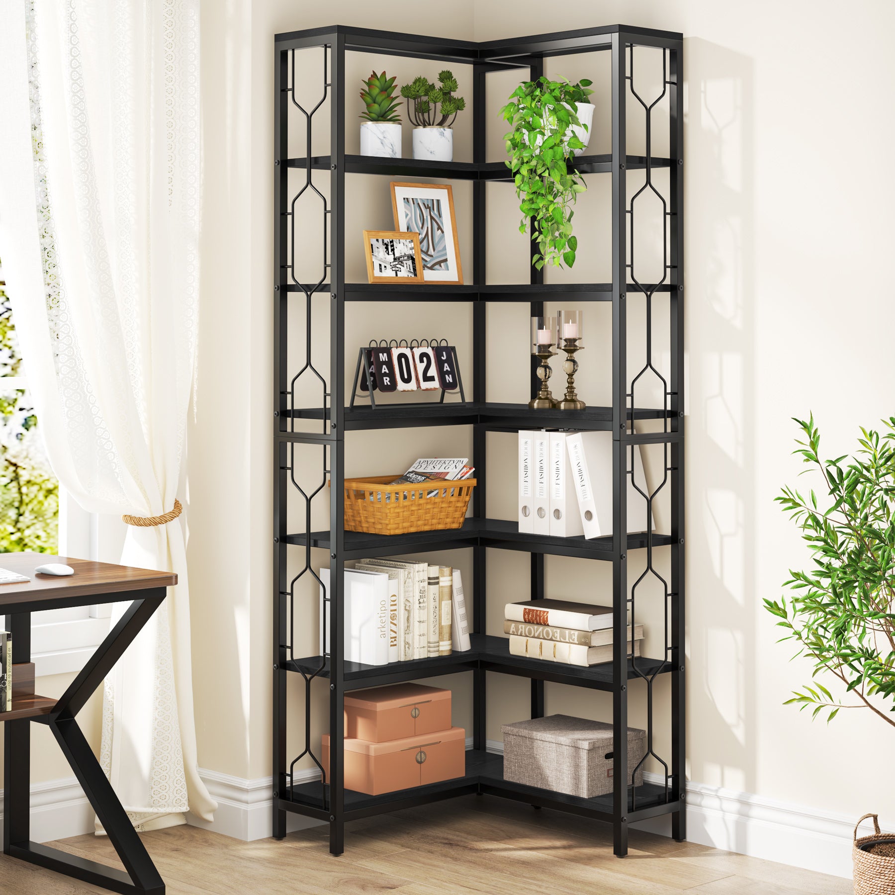 78.7-Inch 7-Tier Corner Bookcase with Hexagon-Pattern Side Panels, Tall Display Unit for Living Room