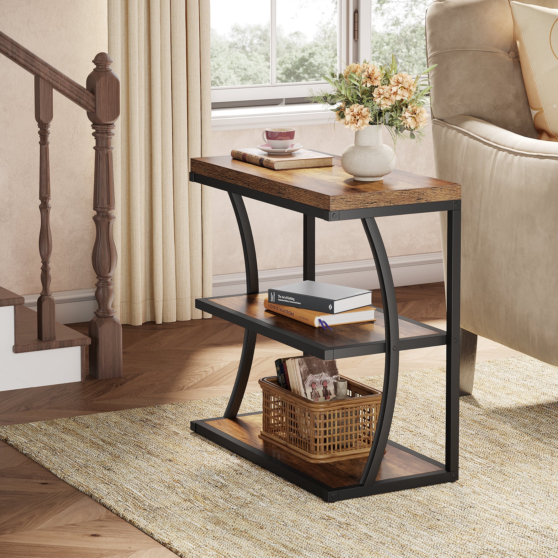 Tribesigns 23.62" Narrow Side Table, Small Metal and Wood Bedside Table with Storage
