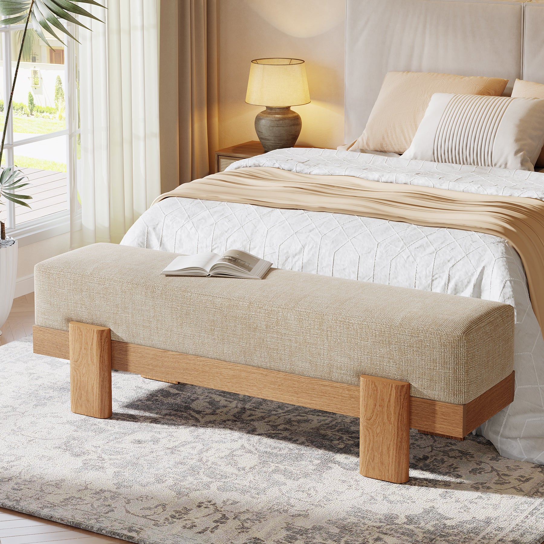 55-Inch Upholstered Entryway Bench, Modern Shoe Bench with Thick Cushion