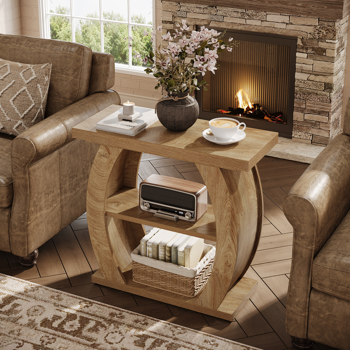 24 Inch Narrow End Table with Storage, 3 Tier Farmhouse Side Table